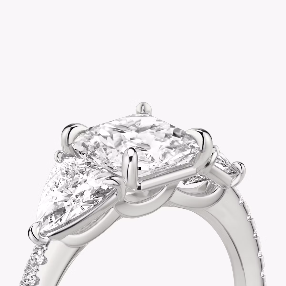 The Three Stone | Asscher | Platinum | bandAccent: Pavé | sideStoneCarat: 0.50ct | sideStoneShape: Trillion | diamondOrientation: vertical | caratWeight: other