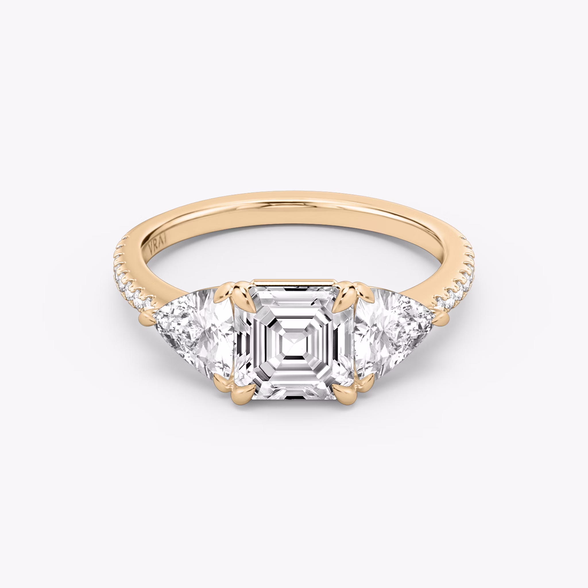 The Three Stone | Asscher | 14k | Rose Gold | bandAccent: Pavé | sideStoneCarat: 0.50ct | sideStoneShape: Trillion | diamondOrientation: vertical | caratWeight: other