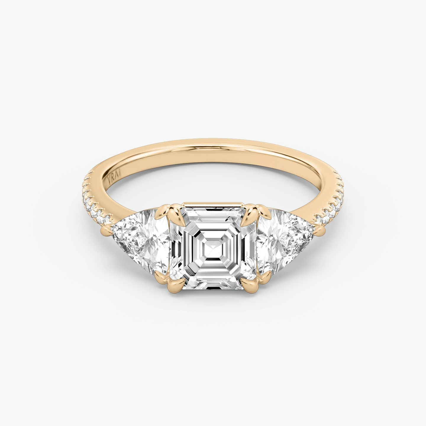 The Three Stone | Asscher | 14k | Rose Gold | bandAccent: Pavé | sideStoneCarat: 0.50ct | sideStoneShape: Trillion | diamondOrientation: vertical | caratWeight: other