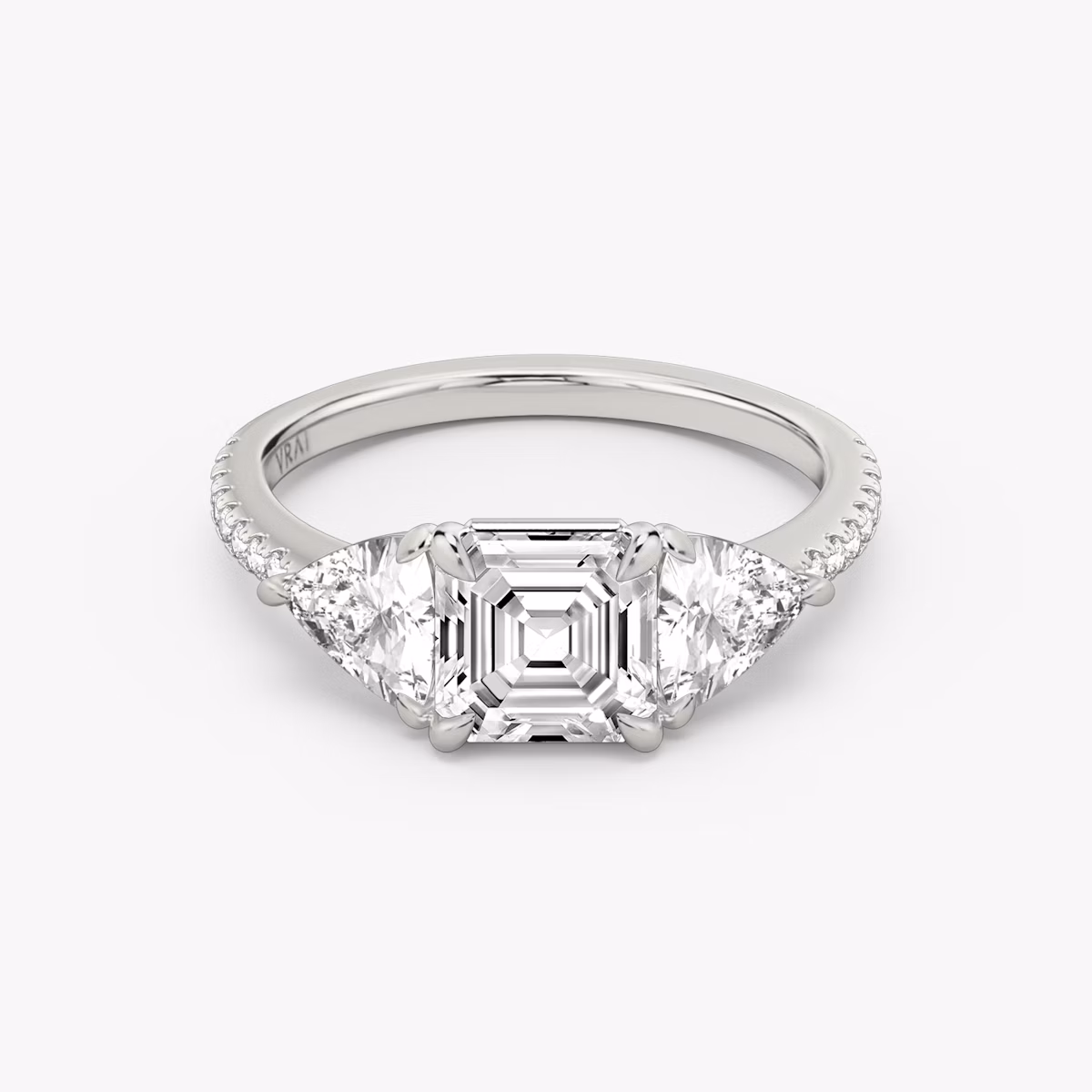 The Three Stone | Asscher | Platinum | bandAccent: Pavé | sideStoneCarat: 0.50ct | sideStoneShape: Trillion | diamondOrientation: vertical | caratWeight: other