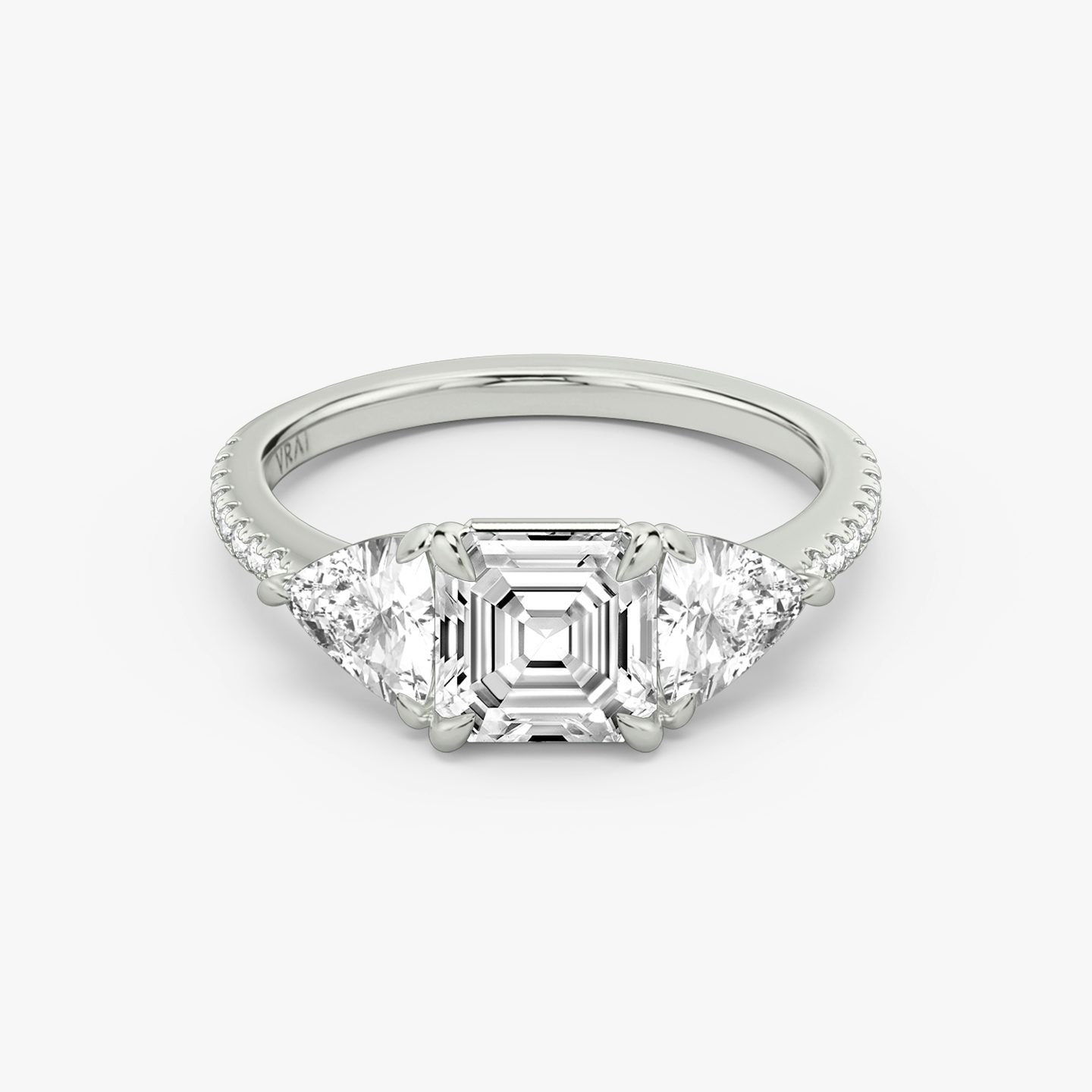 The Three Stone | Asscher | 18k | White Gold | bandAccent: Pavé | sideStoneCarat: 0.50ct | sideStoneShape: Trillion | diamondOrientation: vertical | caratWeight: other