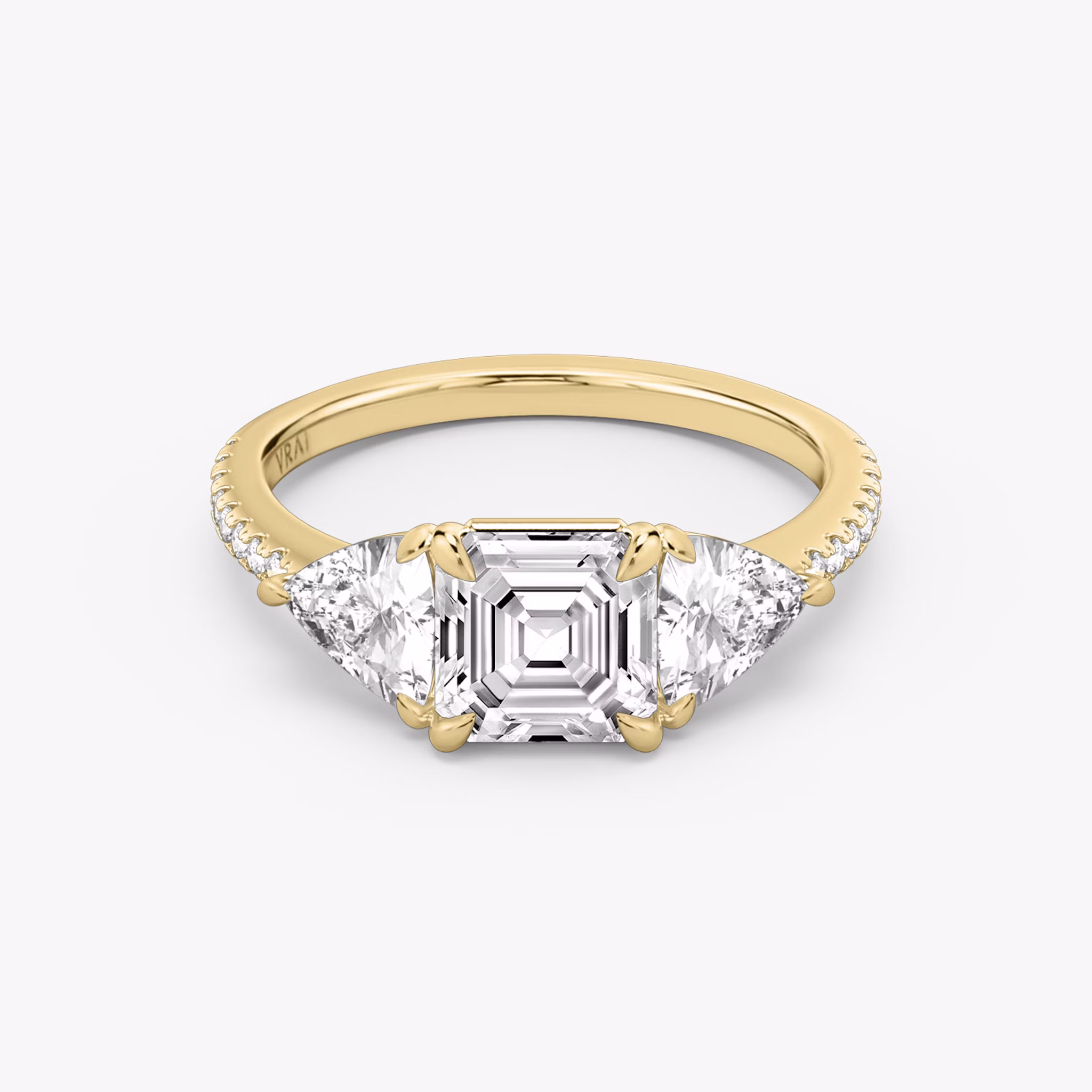 The Three Stone | Asscher | 18k | Yellow Gold | bandAccent: Pavé | sideStoneCarat: 0.50ct | sideStoneShape: Trillion | diamondOrientation: vertical | caratWeight: other