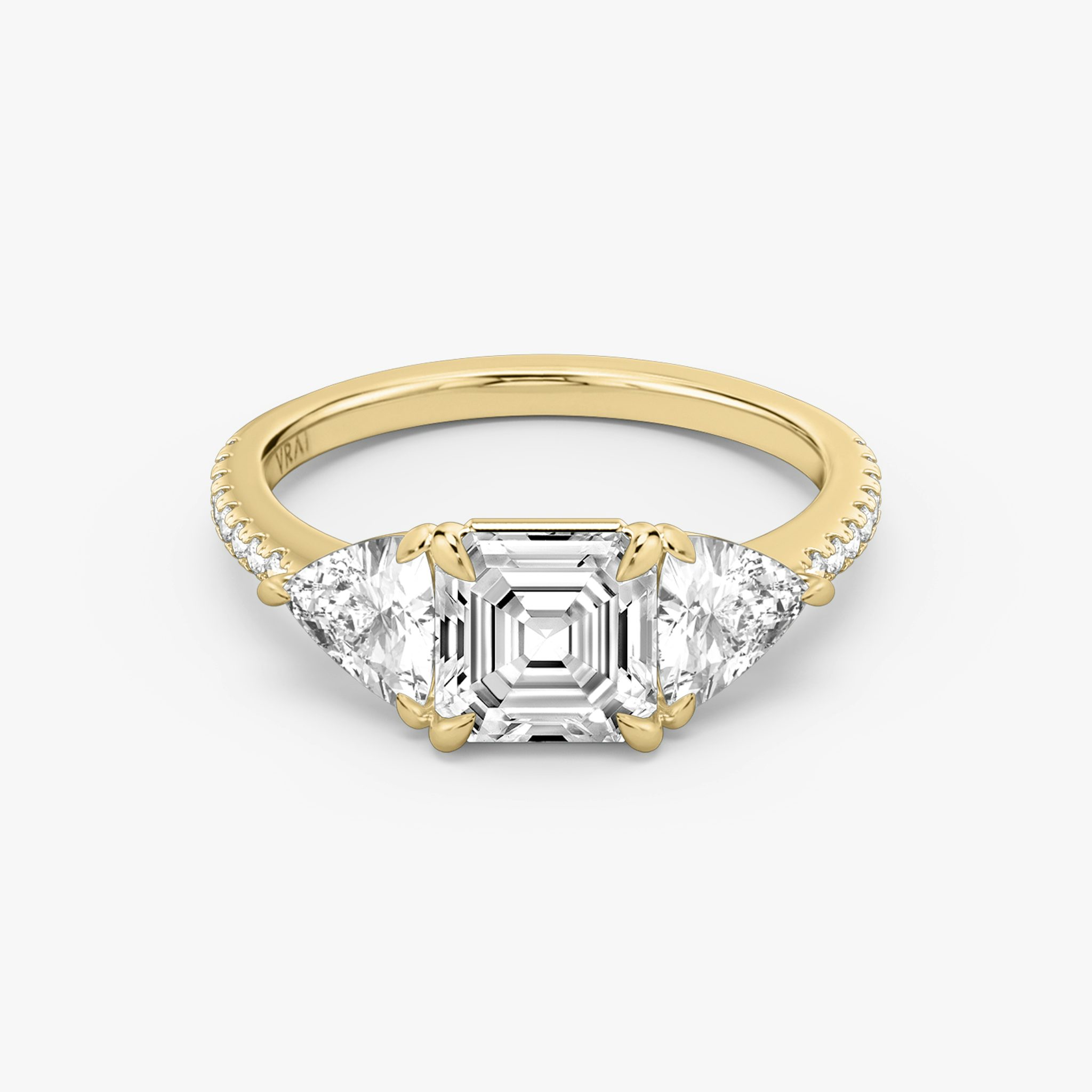 The Three Stone | Asscher | 18k | Yellow Gold | bandAccent: Pavé | sideStoneCarat: 0.50ct | sideStoneShape: Trillion | diamondOrientation: vertical | caratWeight: other