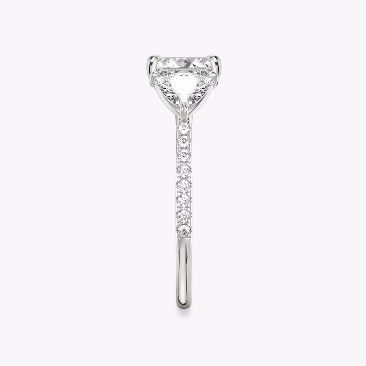 The Three Stone | Asscher | Platinum | bandAccent: Pavé | sideStoneCarat: 0.50ct | sideStoneShape: Trillion | diamondOrientation: vertical | caratWeight: other
