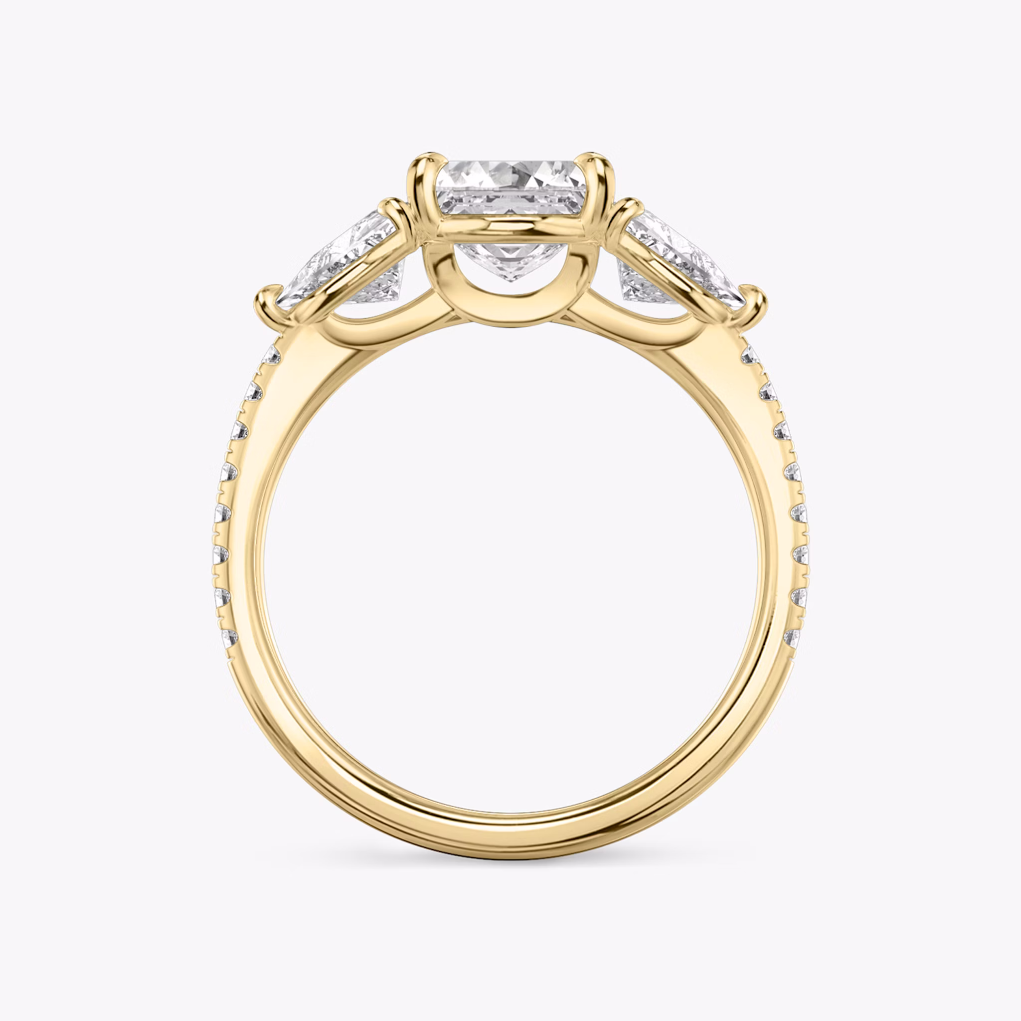 The Three Stone | Asscher | 18k | Yellow Gold | bandAccent: Pavé | sideStoneCarat: 0.50ct | sideStoneShape: Trillion | diamondOrientation: vertical | caratWeight: other