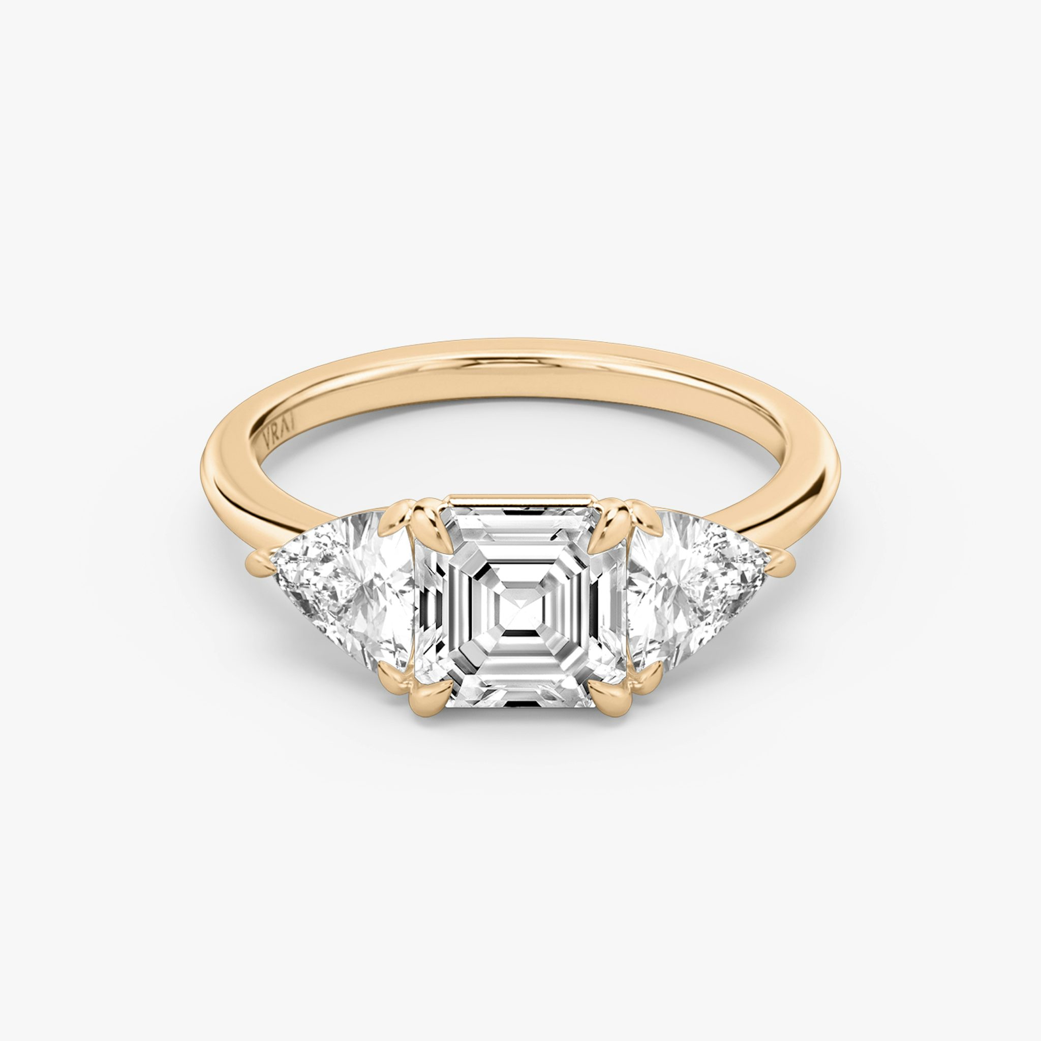 The Three Stone | Asscher | 14k | Rose Gold | bandAccent: Plain | sideStoneCarat: 0.50ct | sideStoneShape: Trillion | diamondOrientation: vertical | caratWeight: other