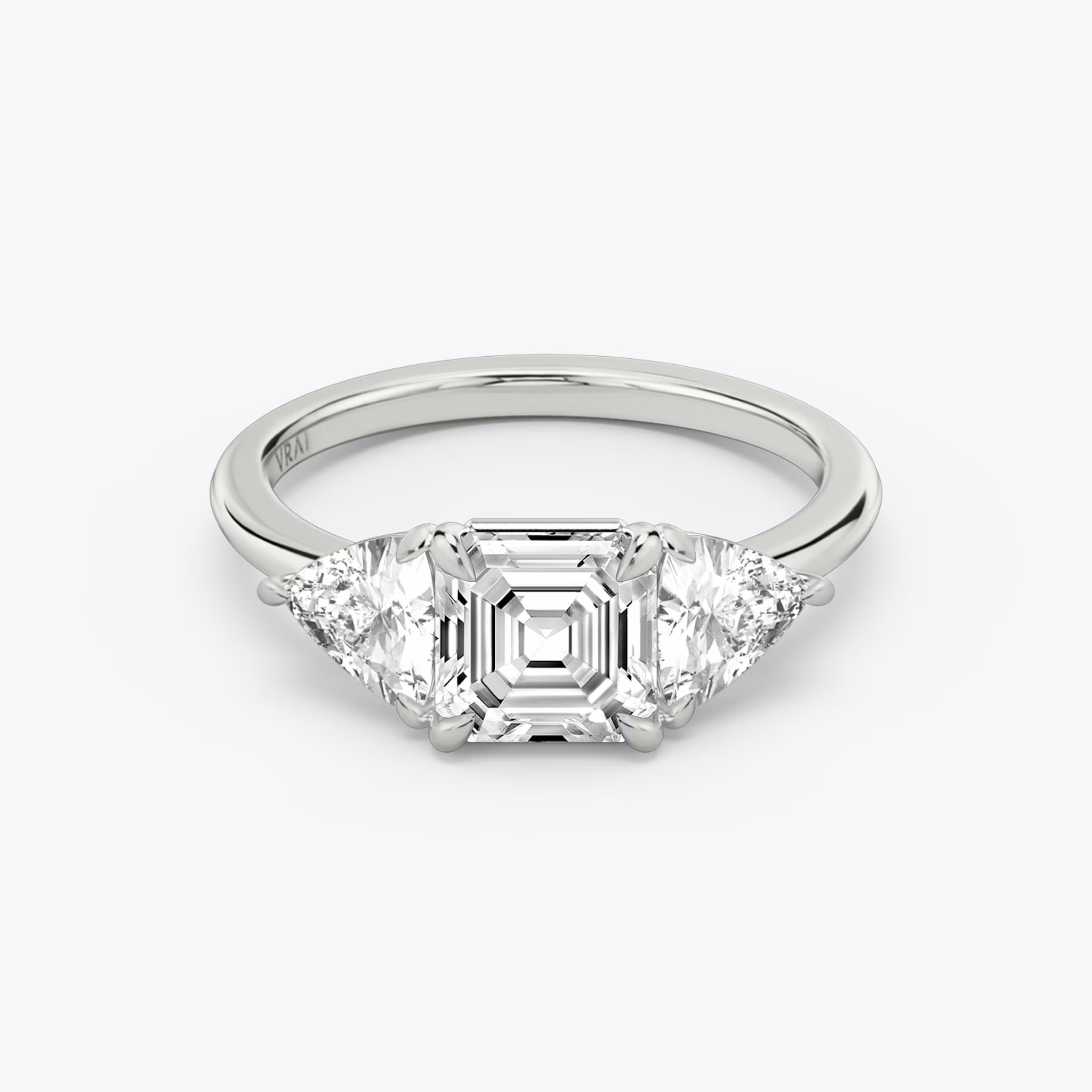 The Three Stone | Asscher | Platinum | bandAccent: Plain | sideStoneCarat: 0.50ct | sideStoneShape: Trillion | diamondOrientation: vertical | caratWeight: other