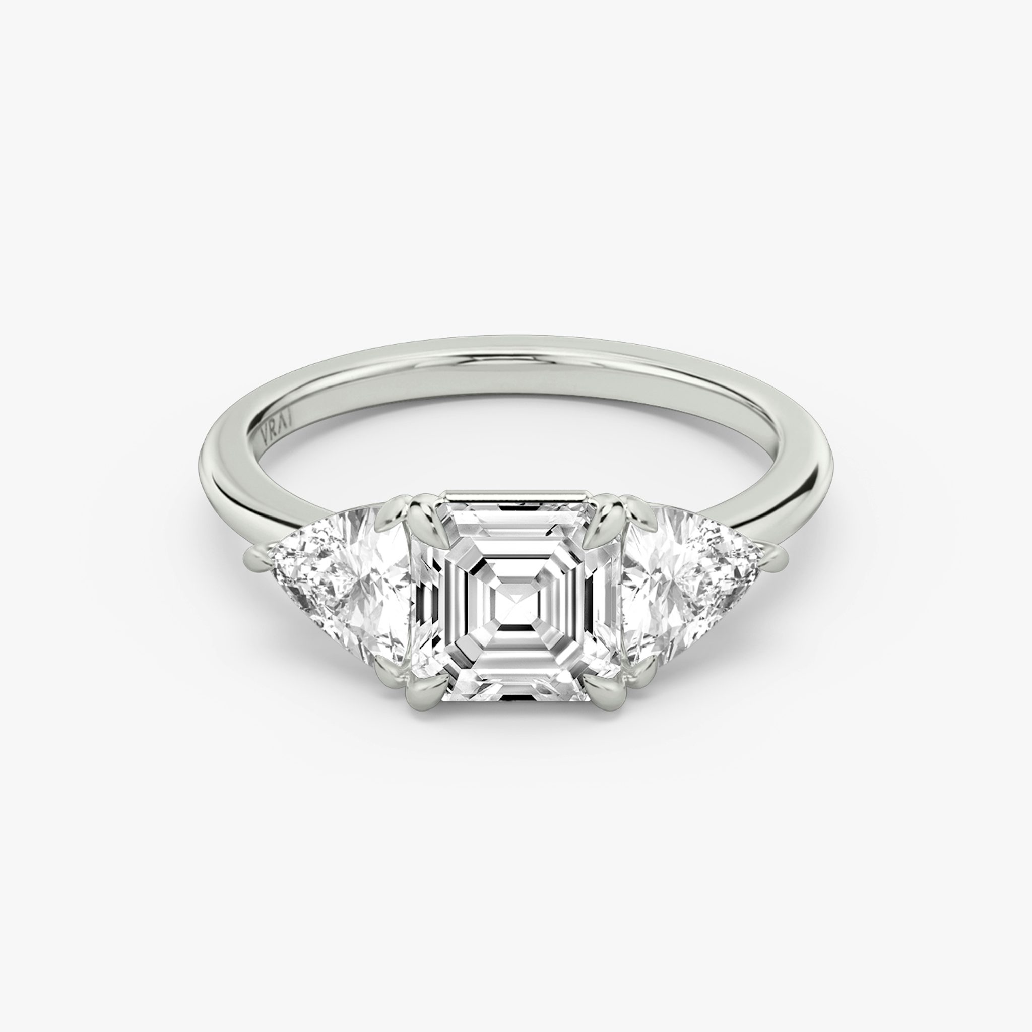 The Three Stone | Asscher | Platinum | bandAccent: Plain | sideStoneCarat: 0.50ct | sideStoneShape: Trillion | diamondOrientation: vertical | caratWeight: other