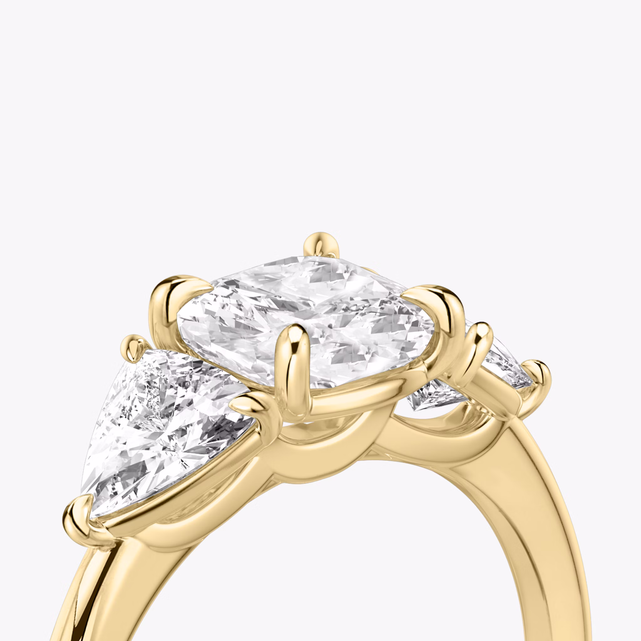 The Three Stone | Cushion | 18k | Yellow Gold | bandAccent: Plain | sideStoneCarat: 0.50ct | sideStoneShape: Trillion | diamondOrientation: vertical | caratWeight: other