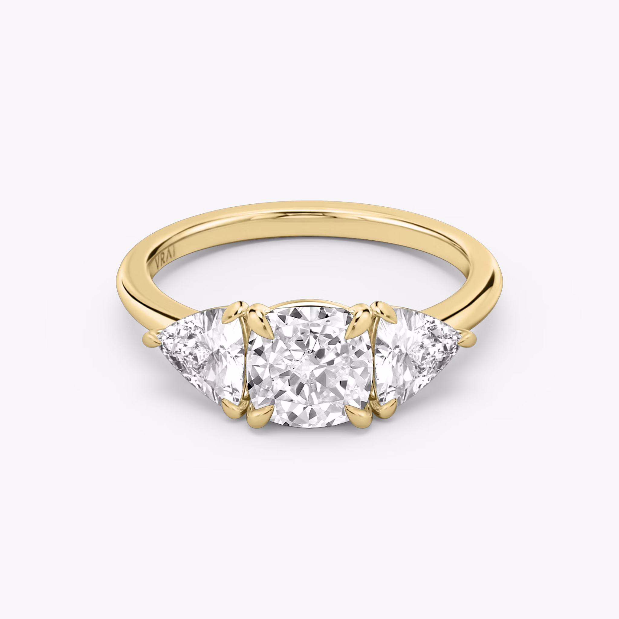 The Three Stone | Cushion | 18k | Yellow Gold | bandAccent: Plain | sideStoneCarat: 0.50ct | sideStoneShape: Trillion | diamondOrientation: vertical | caratWeight: other