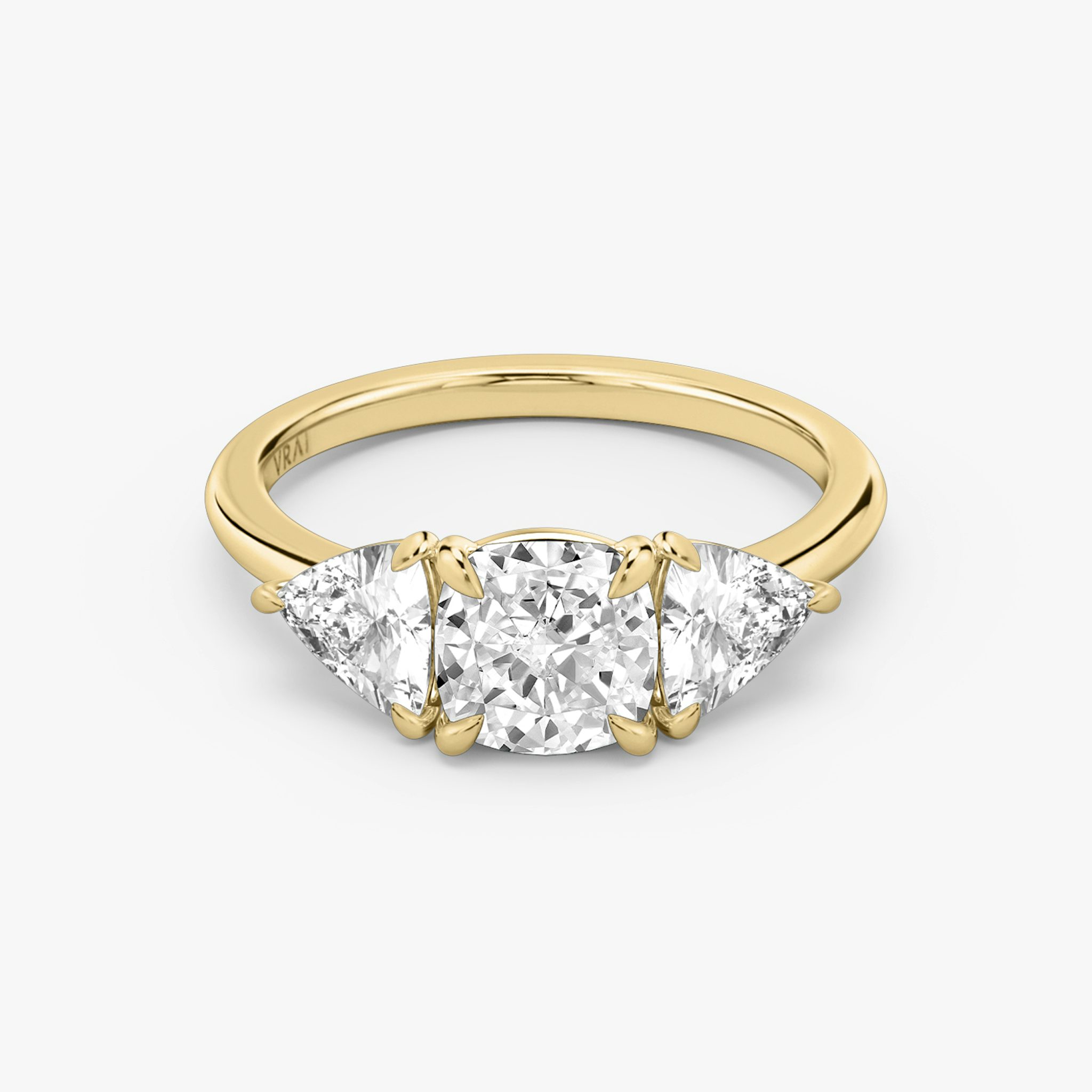 The Three Stone | Cushion | 18k | Yellow Gold | bandAccent: Plain | sideStoneCarat: 0.50ct | sideStoneShape: Trillion | diamondOrientation: vertical | caratWeight: other