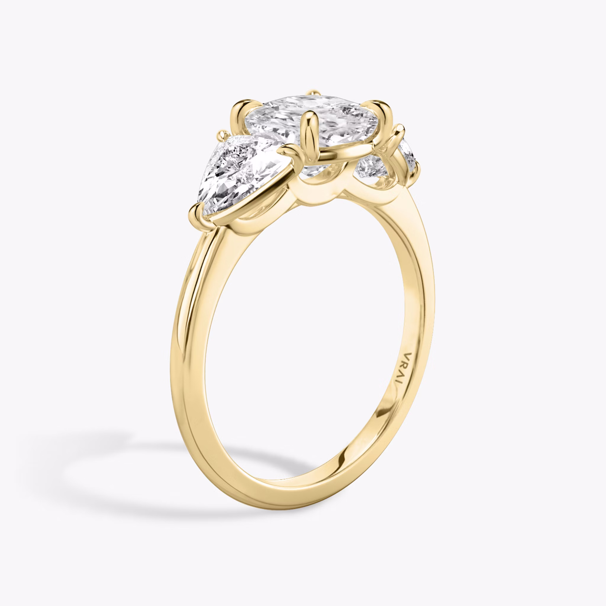 The Three Stone | Cushion | 18k | Yellow Gold | bandAccent: Plain | sideStoneCarat: 0.50ct | sideStoneShape: Trillion | diamondOrientation: vertical | caratWeight: other