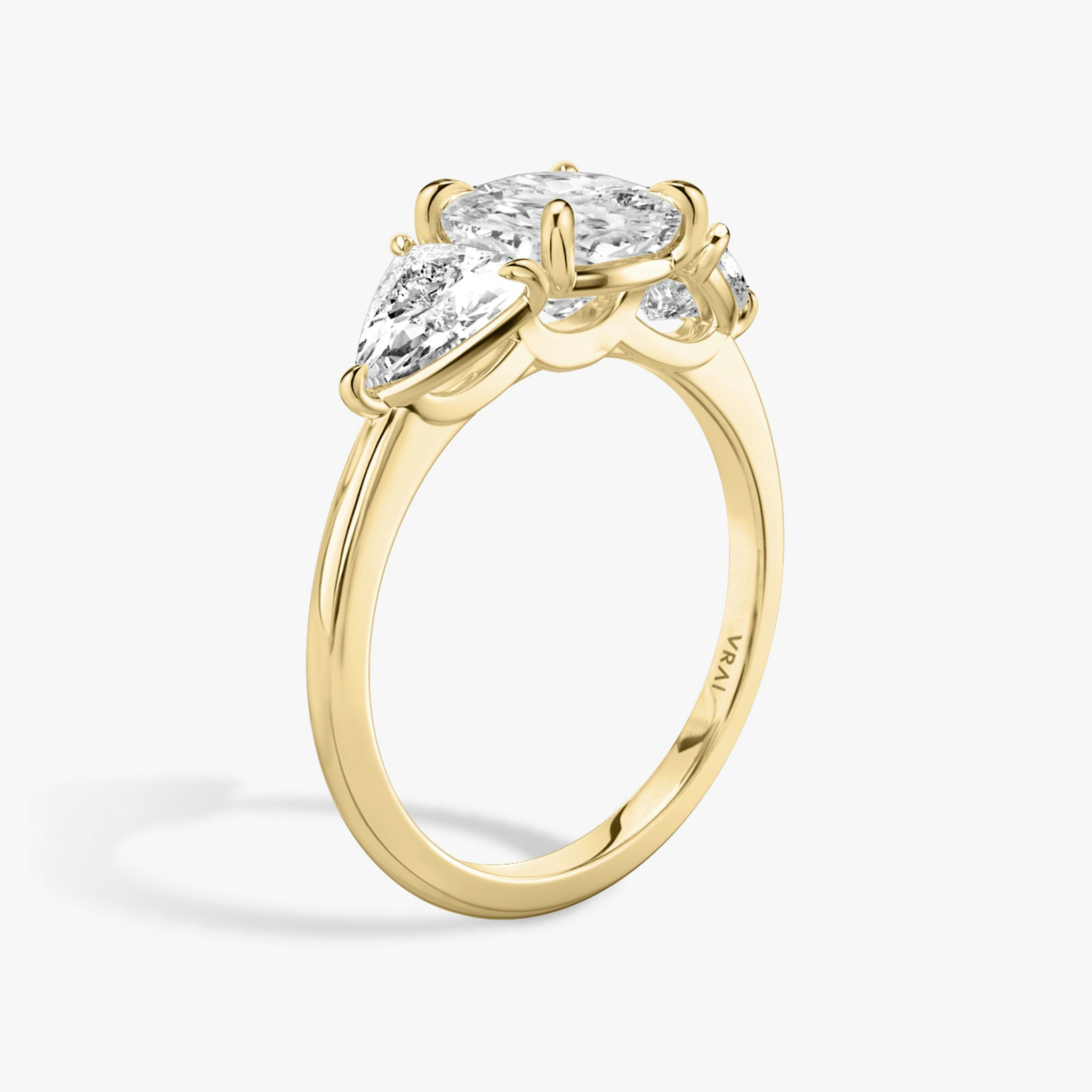 The Three Stone | Cushion | 18k | Yellow Gold | bandAccent: Plain | sideStoneCarat: 0.50ct | sideStoneShape: Trillion | diamondOrientation: vertical | caratWeight: other