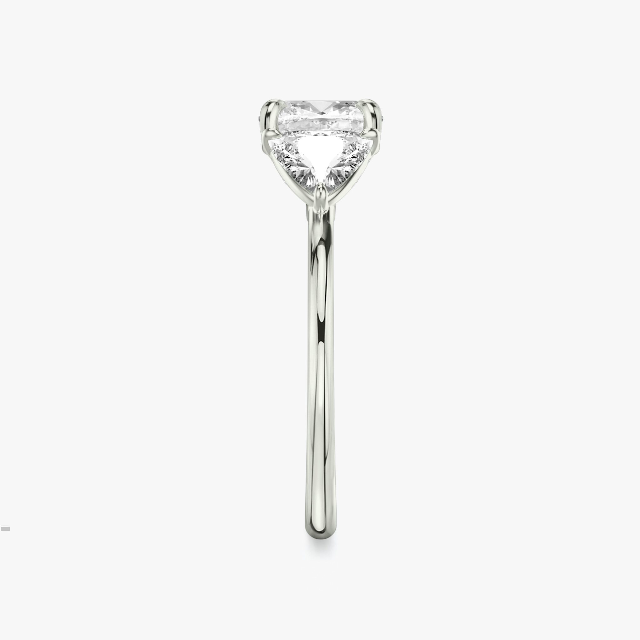 The Three Stone | Cushion | 18k | White Gold | bandAccent: Plain | sideStoneCarat: 0.50ct | sideStoneShape: Trillion | diamondOrientation: vertical | caratWeight: other