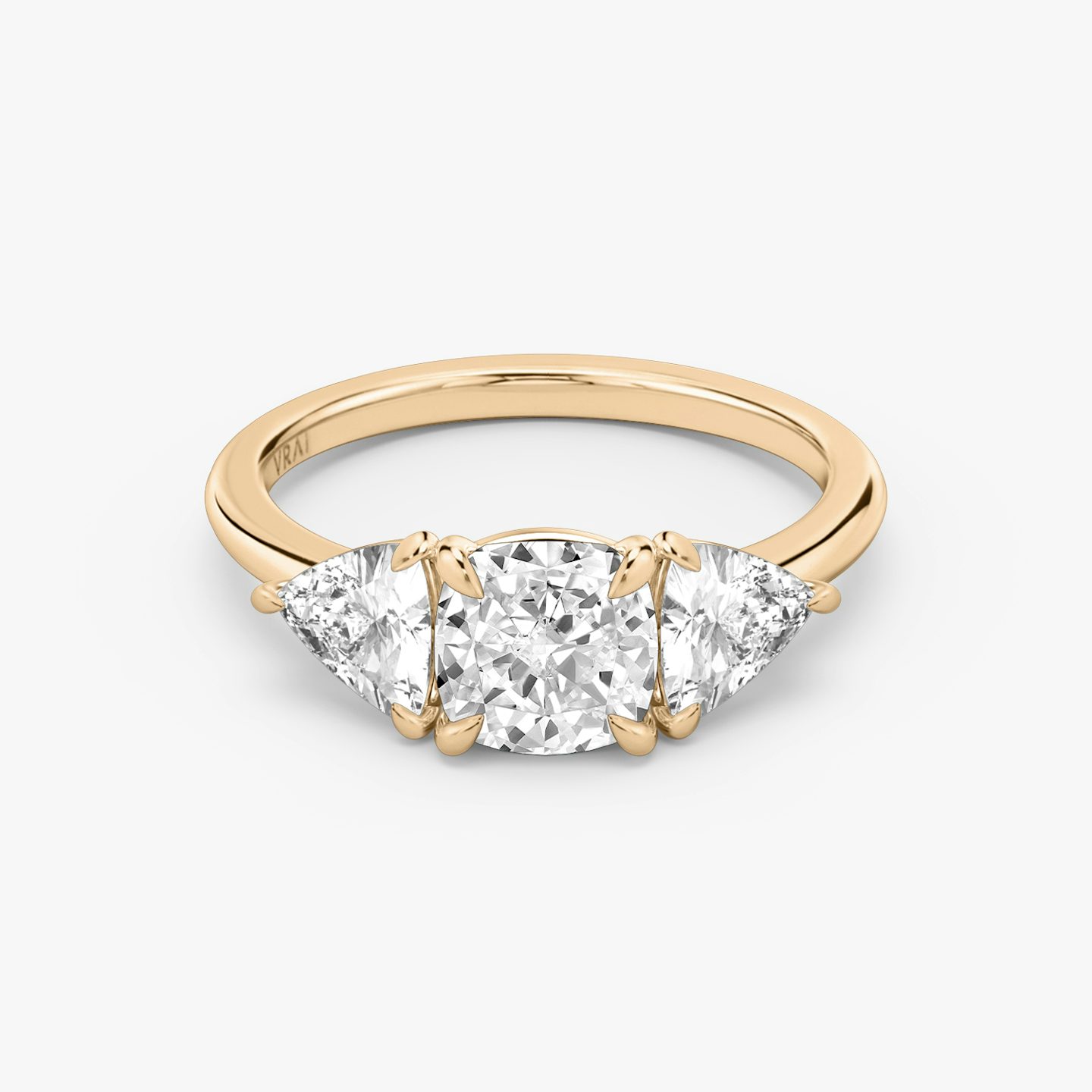 The Three Stone | Cushion | 14k | Rose Gold | bandAccent: Plain | sideStoneCarat: 0.50ct | sideStoneShape: Trillion | diamondOrientation: vertical | caratWeight: other