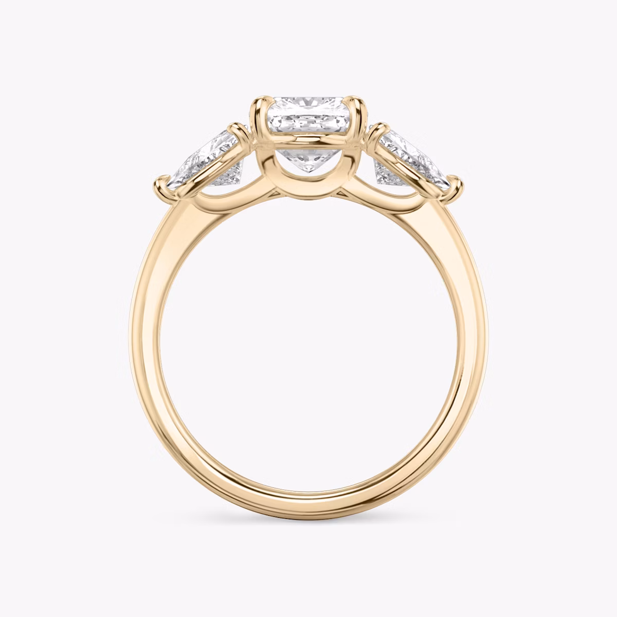 The Three Stone | Cushion | 14k | Rose Gold | bandAccent: Plain | sideStoneCarat: 0.50ct | sideStoneShape: Trillion | diamondOrientation: vertical | caratWeight: other