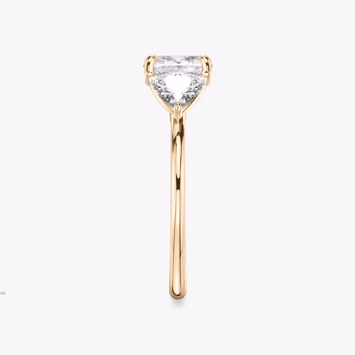 The Three Stone | Cushion | 14k | Rose Gold | bandAccent: Plain | sideStoneCarat: 0.50ct | sideStoneShape: Trillion | diamondOrientation: vertical | caratWeight: other