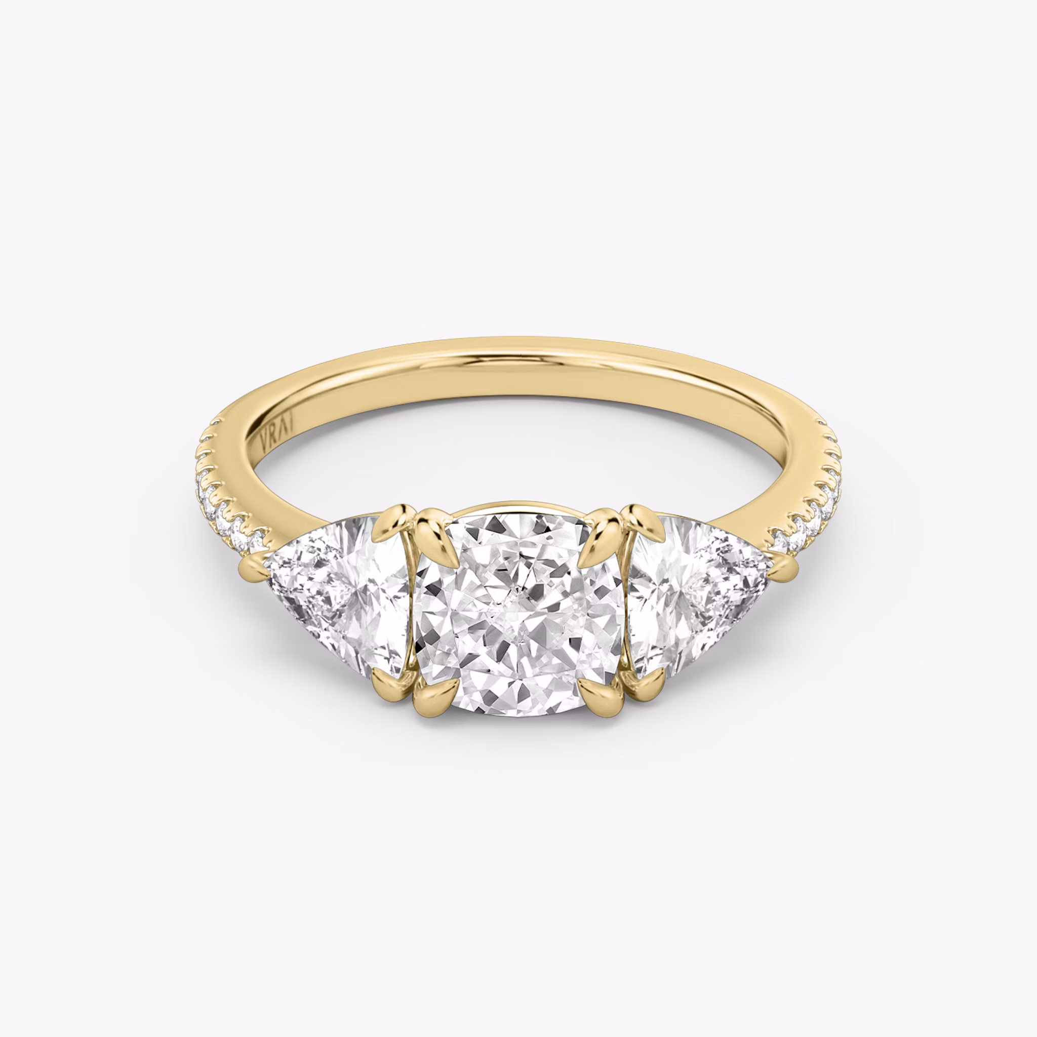 The Three Stone | Cushion | 18k | Yellow Gold | bandAccent: Pavé | sideStoneCarat: 0.50ct | sideStoneShape: Trillion | diamondOrientation: vertical | caratWeight: other