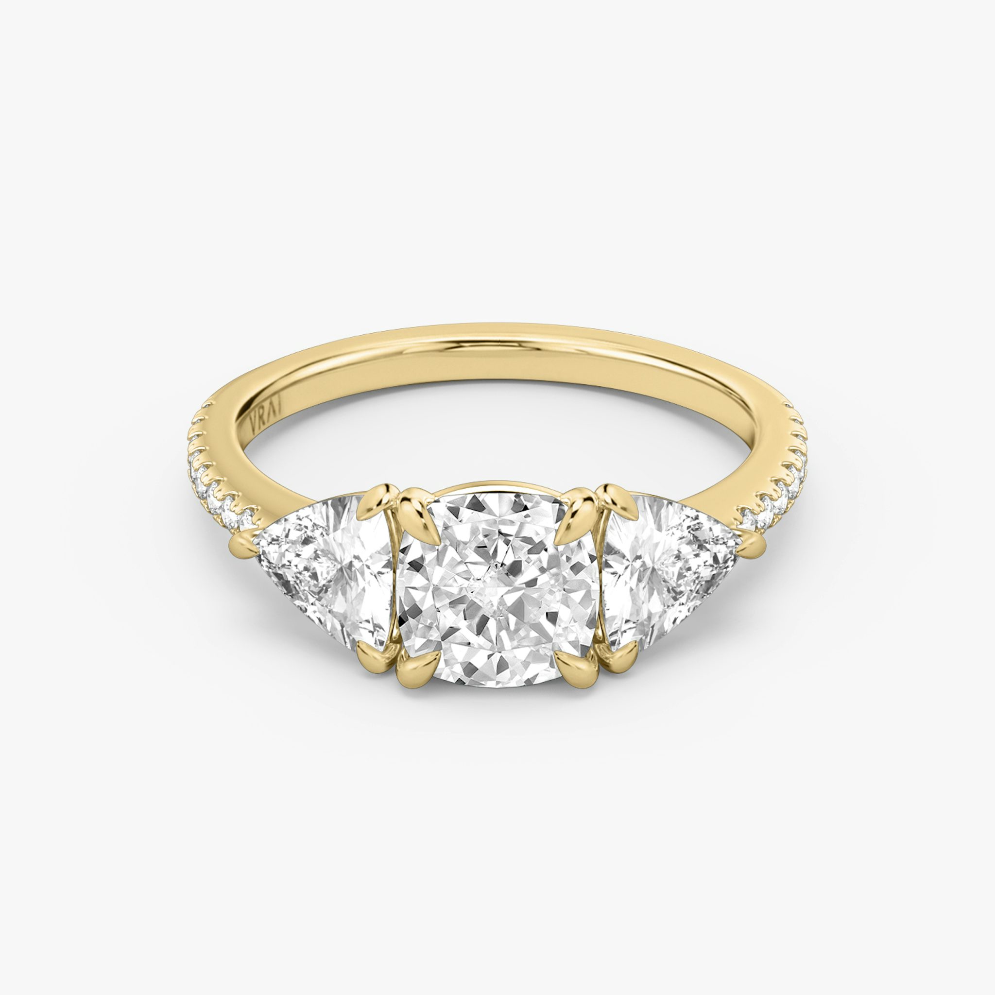 The Three Stone | Cushion | 18k | Yellow Gold | bandAccent: Pavé | sideStoneCarat: 0.50ct | sideStoneShape: Trillion | diamondOrientation: vertical | caratWeight: other