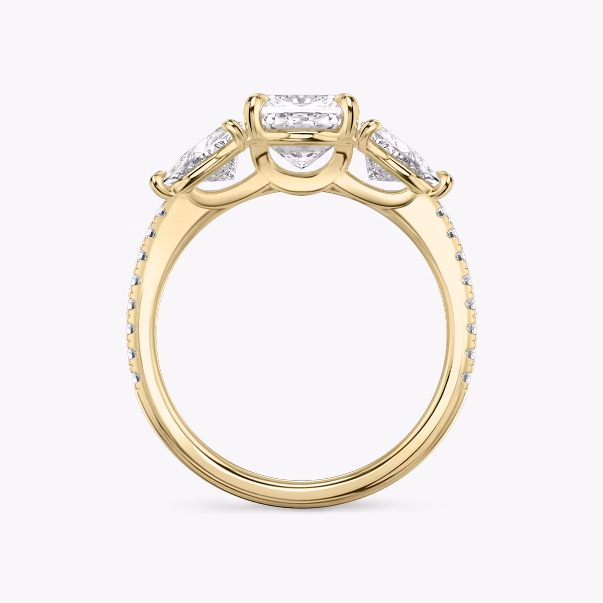 The Three Stone | Cushion | 18k | Yellow Gold | bandAccent: Pavé | sideStoneCarat: 0.50ct | sideStoneShape: Trillion | diamondOrientation: vertical | caratWeight: other