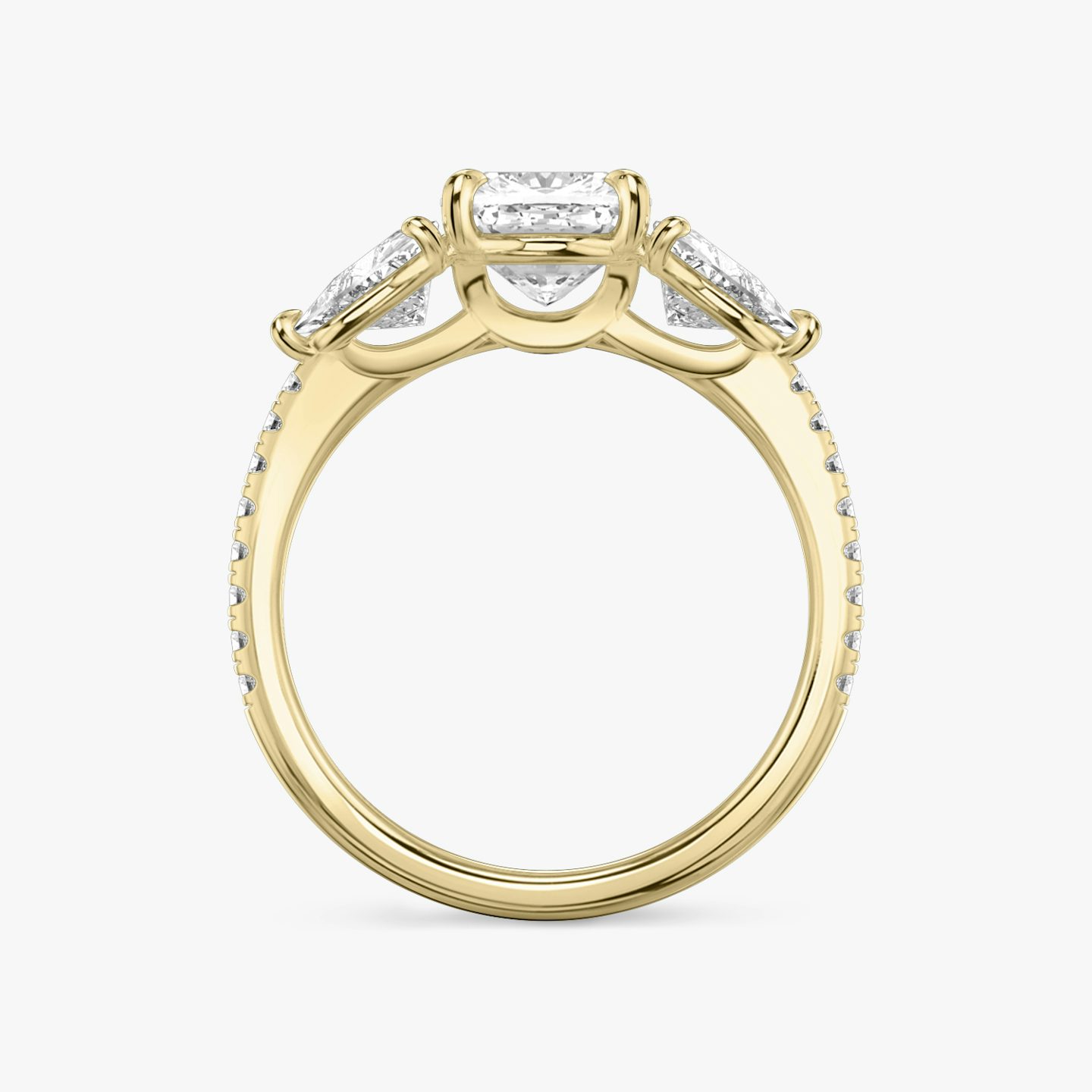 The Three Stone | Cushion | 18k | Yellow Gold | bandAccent: Pavé | sideStoneCarat: 0.50ct | sideStoneShape: Trillion | diamondOrientation: vertical | caratWeight: other
