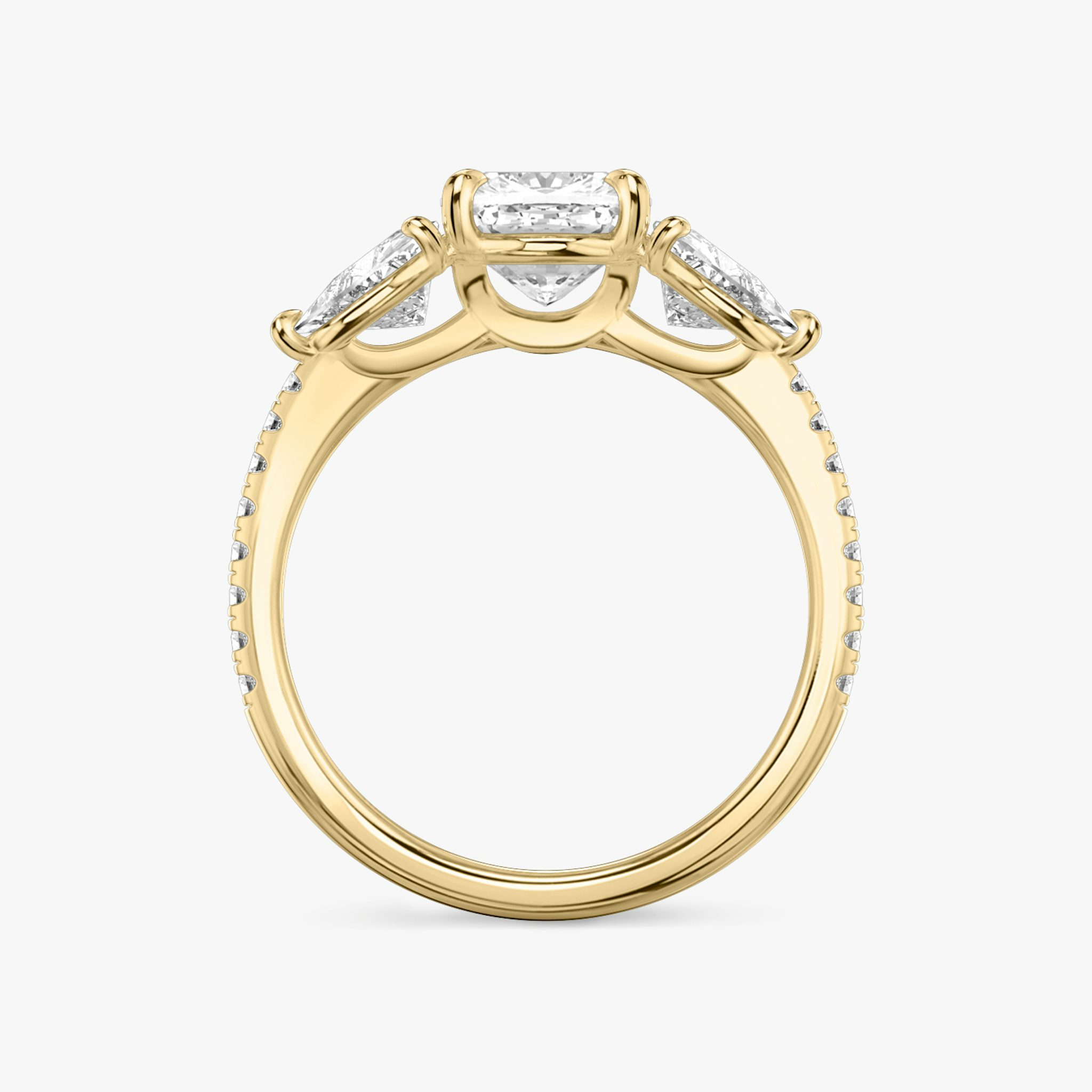 The Three Stone | Cushion | 18k | Yellow Gold | bandAccent: Pavé | sideStoneCarat: 0.50ct | sideStoneShape: Trillion | diamondOrientation: vertical | caratWeight: other
