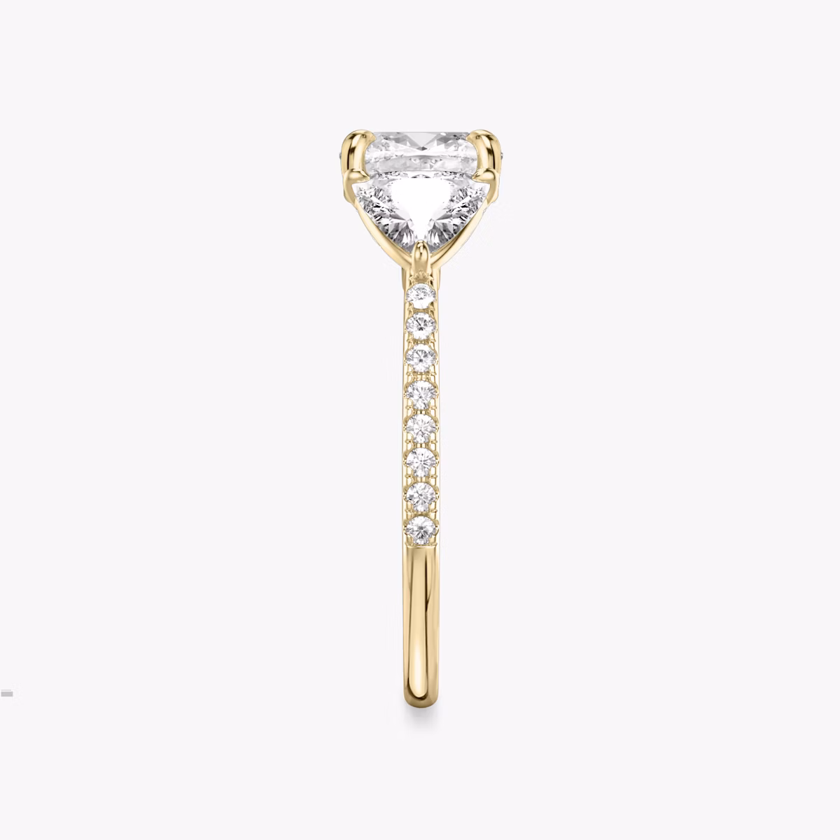 The Three Stone | Cushion | 18k | Yellow Gold | bandAccent: Pavé | sideStoneCarat: 0.50ct | sideStoneShape: Trillion | diamondOrientation: vertical | caratWeight: other