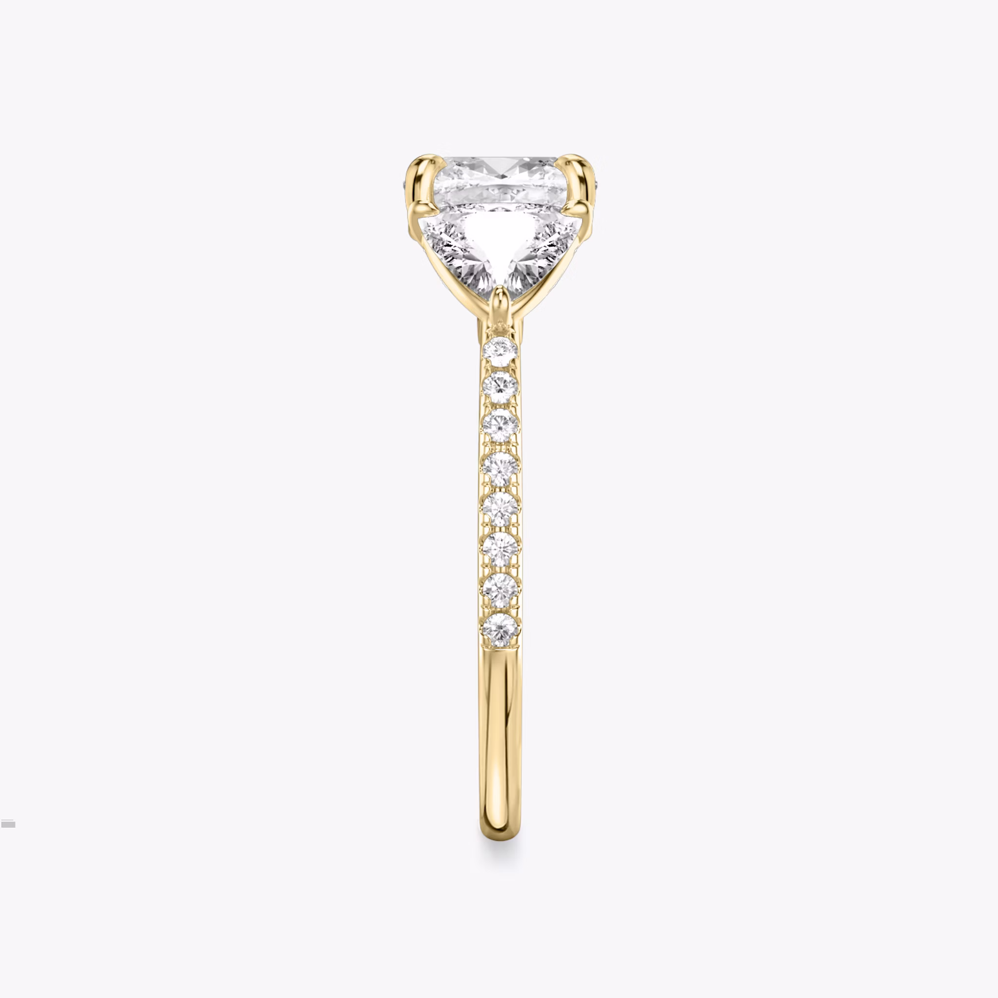 The Three Stone | Cushion | 18k | Yellow Gold | bandAccent: Pavé | sideStoneCarat: 0.50ct | sideStoneShape: Trillion | diamondOrientation: vertical | caratWeight: other