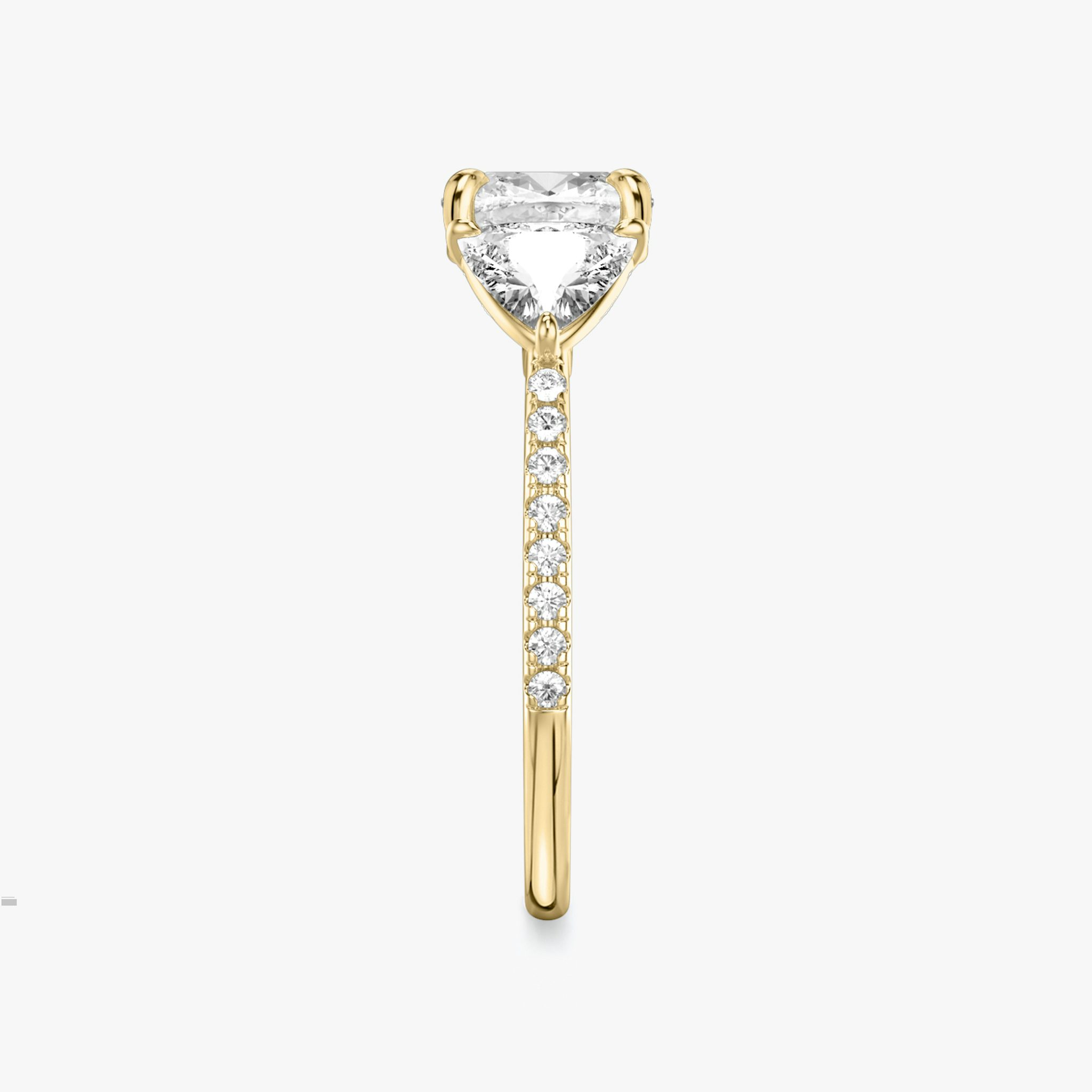 The Three Stone | Cushion | 18k | Yellow Gold | bandAccent: Pavé | sideStoneCarat: 0.50ct | sideStoneShape: Trillion | diamondOrientation: vertical | caratWeight: other