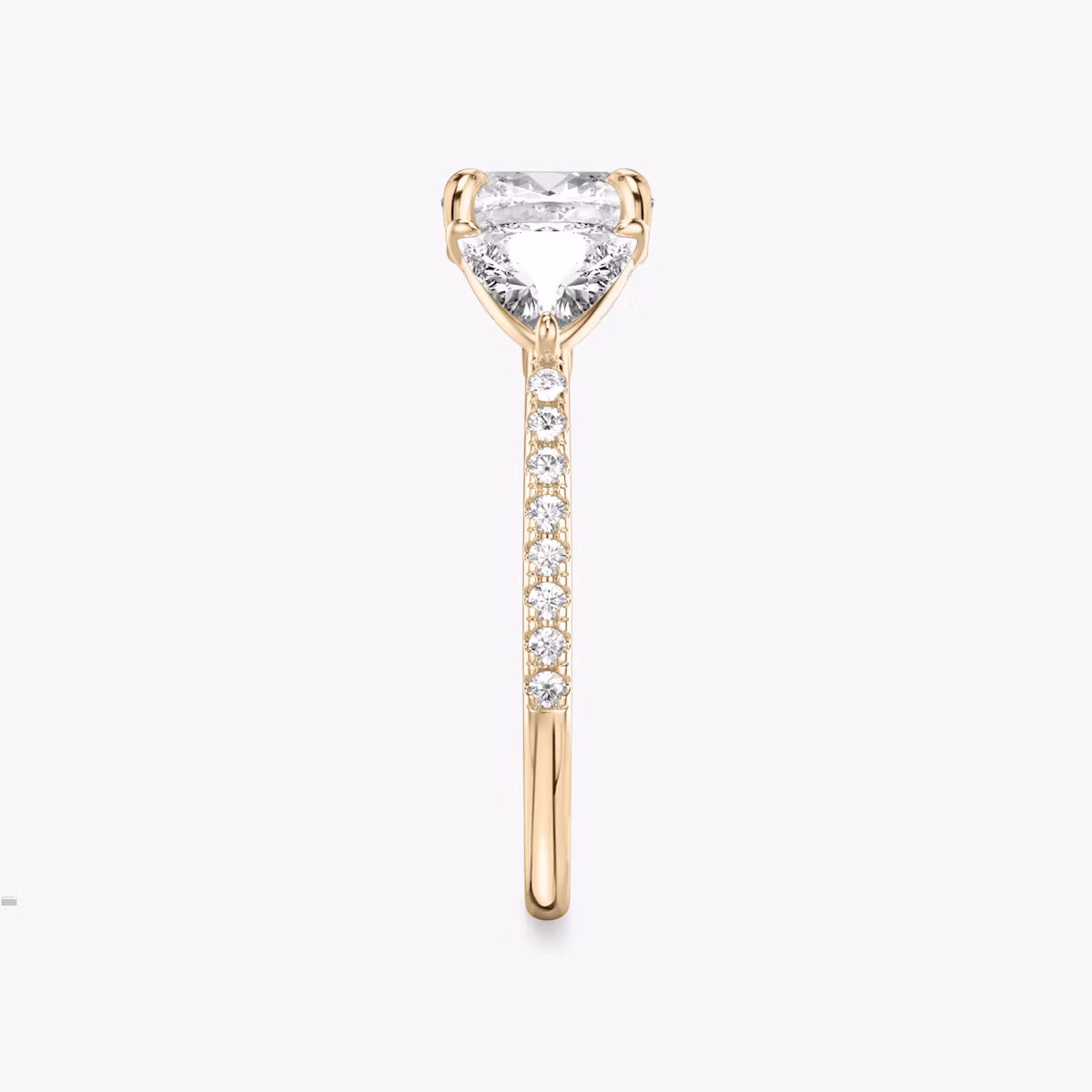 The Three Stone | Cushion | 14k | Rose Gold | bandAccent: Pavé | sideStoneCarat: 0.50ct | sideStoneShape: Trillion | diamondOrientation: vertical | caratWeight: other