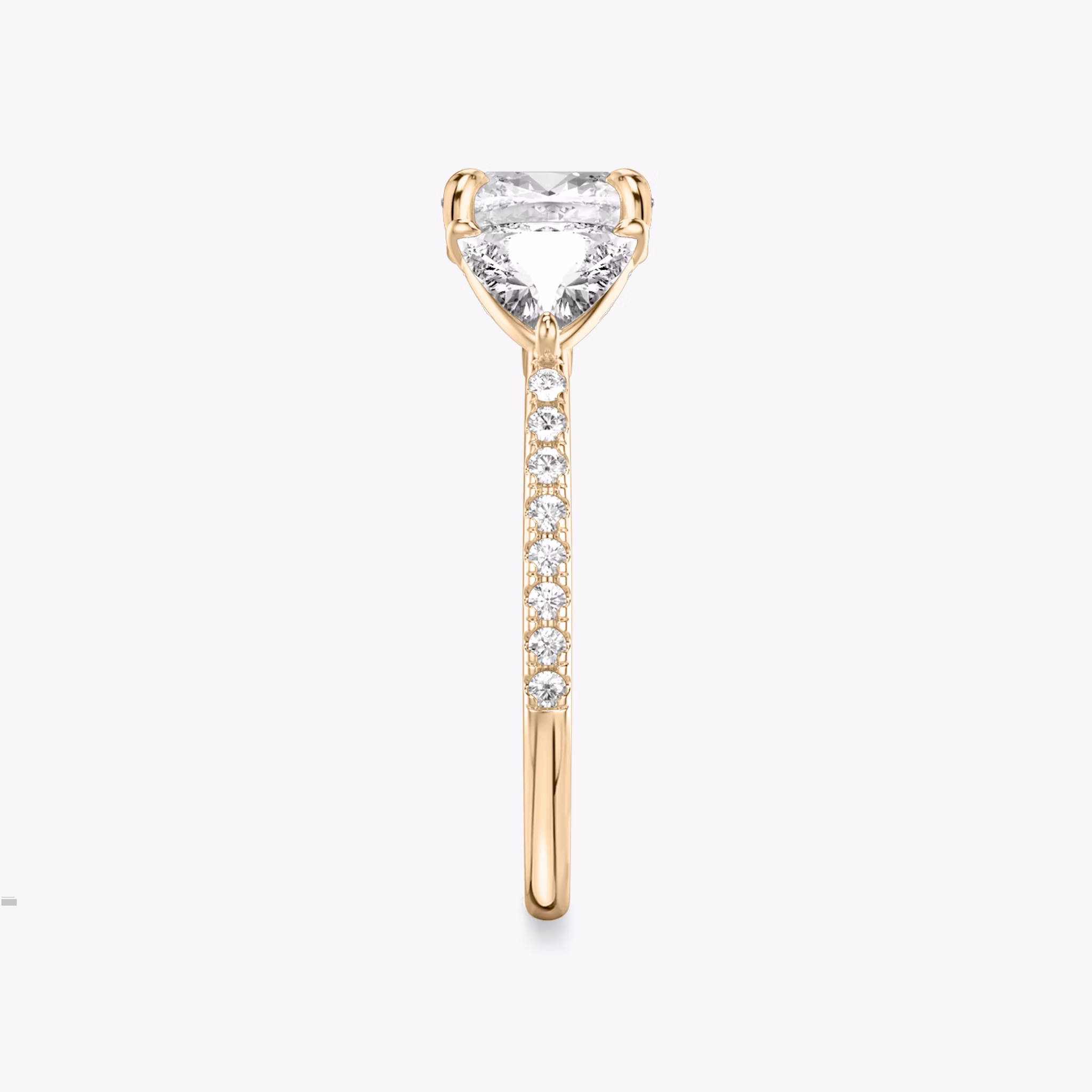 The Three Stone | Cushion | 14k | Rose Gold | bandAccent: Pavé | sideStoneCarat: 0.50ct | sideStoneShape: Trillion | diamondOrientation: vertical | caratWeight: other