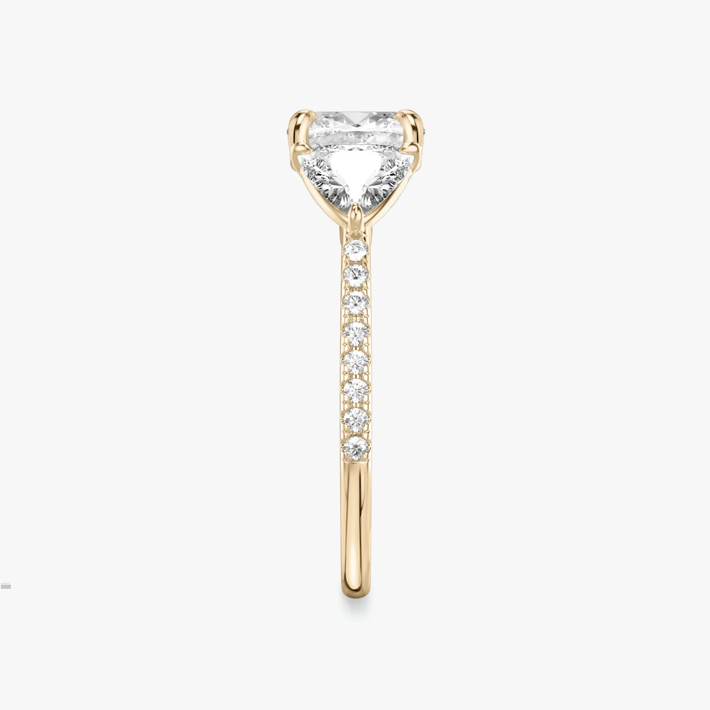 The Three Stone | Cushion | 14k | Rose Gold | bandAccent: Pavé | sideStoneCarat: 0.50ct | sideStoneShape: Trillion | diamondOrientation: vertical | caratWeight: other