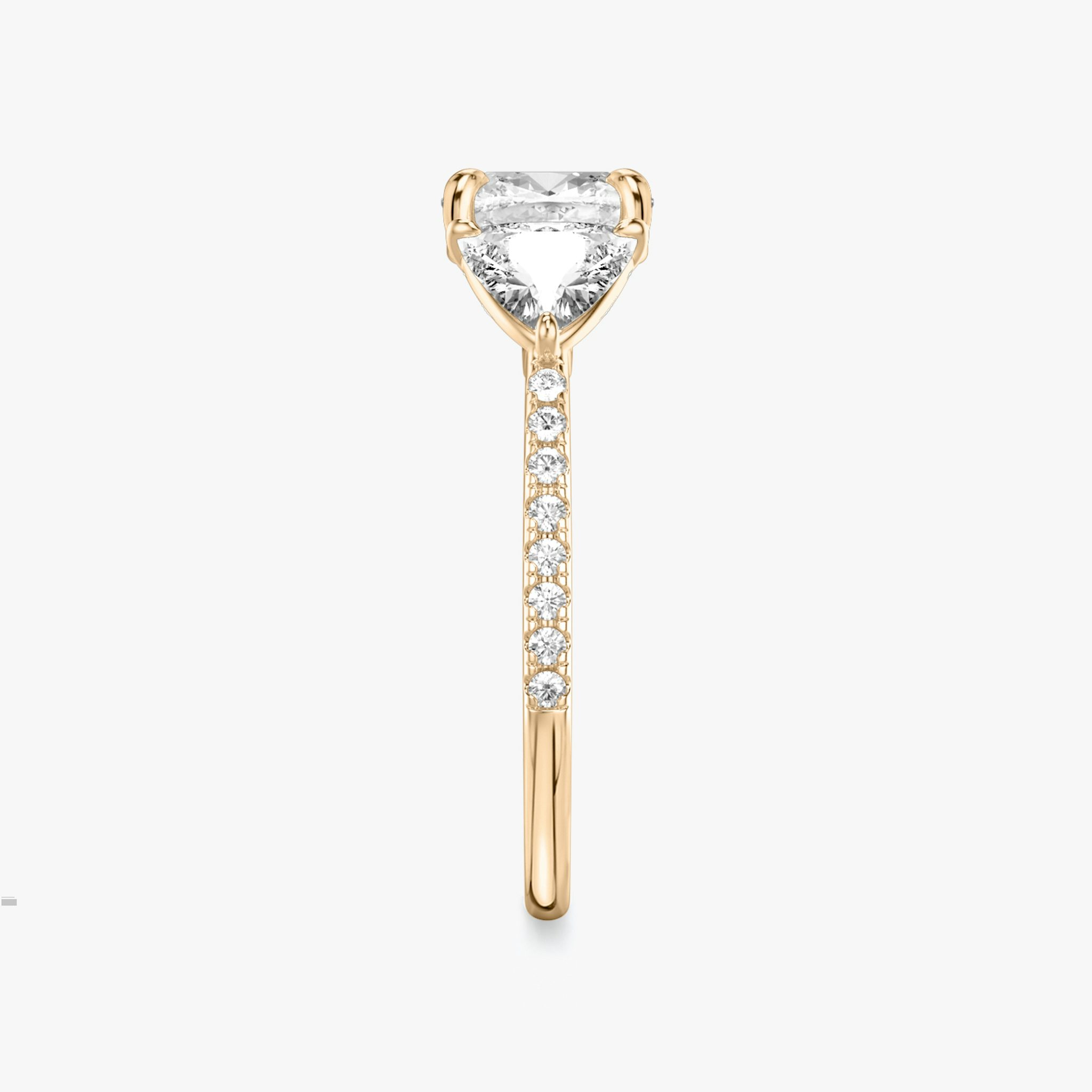 The Three Stone | Cushion | 14k | Rose Gold | bandAccent: Pavé | sideStoneCarat: 0.50ct | sideStoneShape: Trillion | diamondOrientation: vertical | caratWeight: other