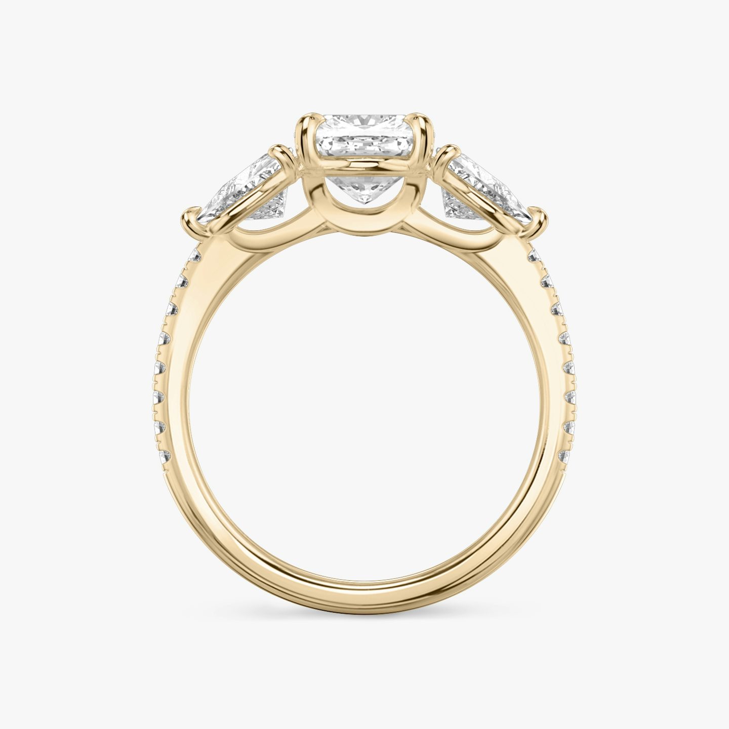 The Three Stone | Cushion | 14k | Rose Gold | bandAccent: Pavé | sideStoneCarat: 0.50ct | sideStoneShape: Trillion | diamondOrientation: vertical | caratWeight: other