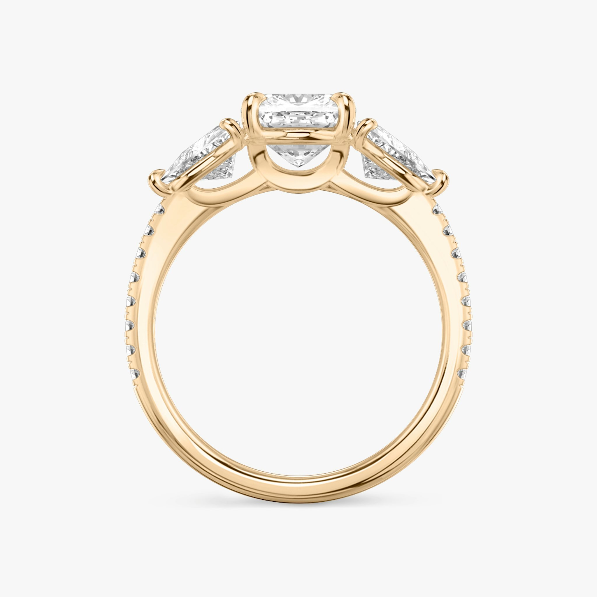 The Three Stone | Cushion | 14k | Rose Gold | bandAccent: Pavé | sideStoneCarat: 0.50ct | sideStoneShape: Trillion | diamondOrientation: vertical | caratWeight: other