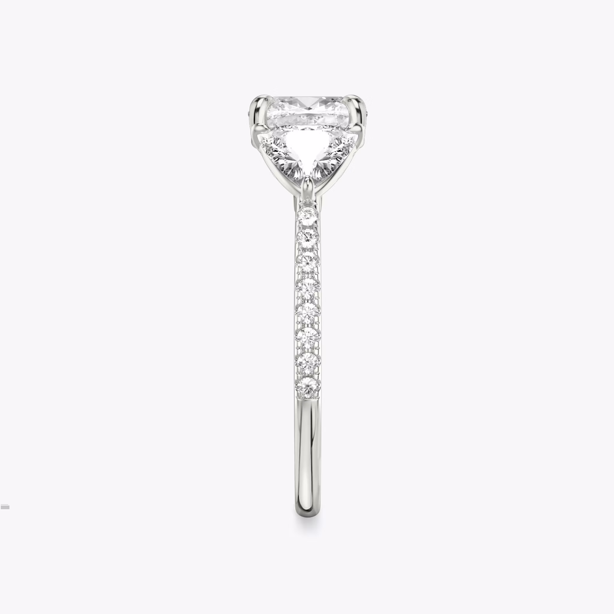 The Three Stone | Cushion | Platinum | bandAccent: Pavé | sideStoneCarat: 0.50ct | sideStoneShape: Trillion | diamondOrientation: vertical | caratWeight: other