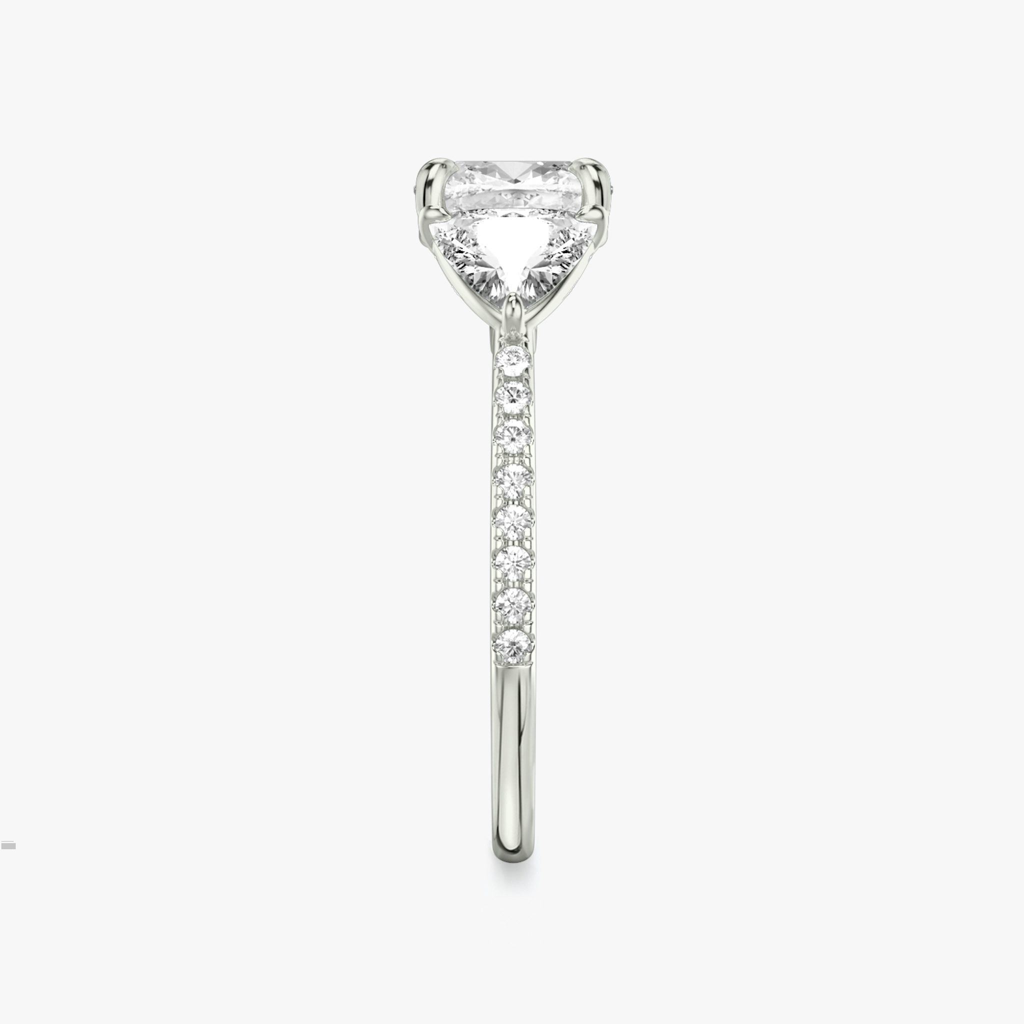 The Three Stone | Cushion | Platinum | bandAccent: Pavé | sideStoneCarat: 0.50ct | sideStoneShape: Trillion | diamondOrientation: vertical | caratWeight: other