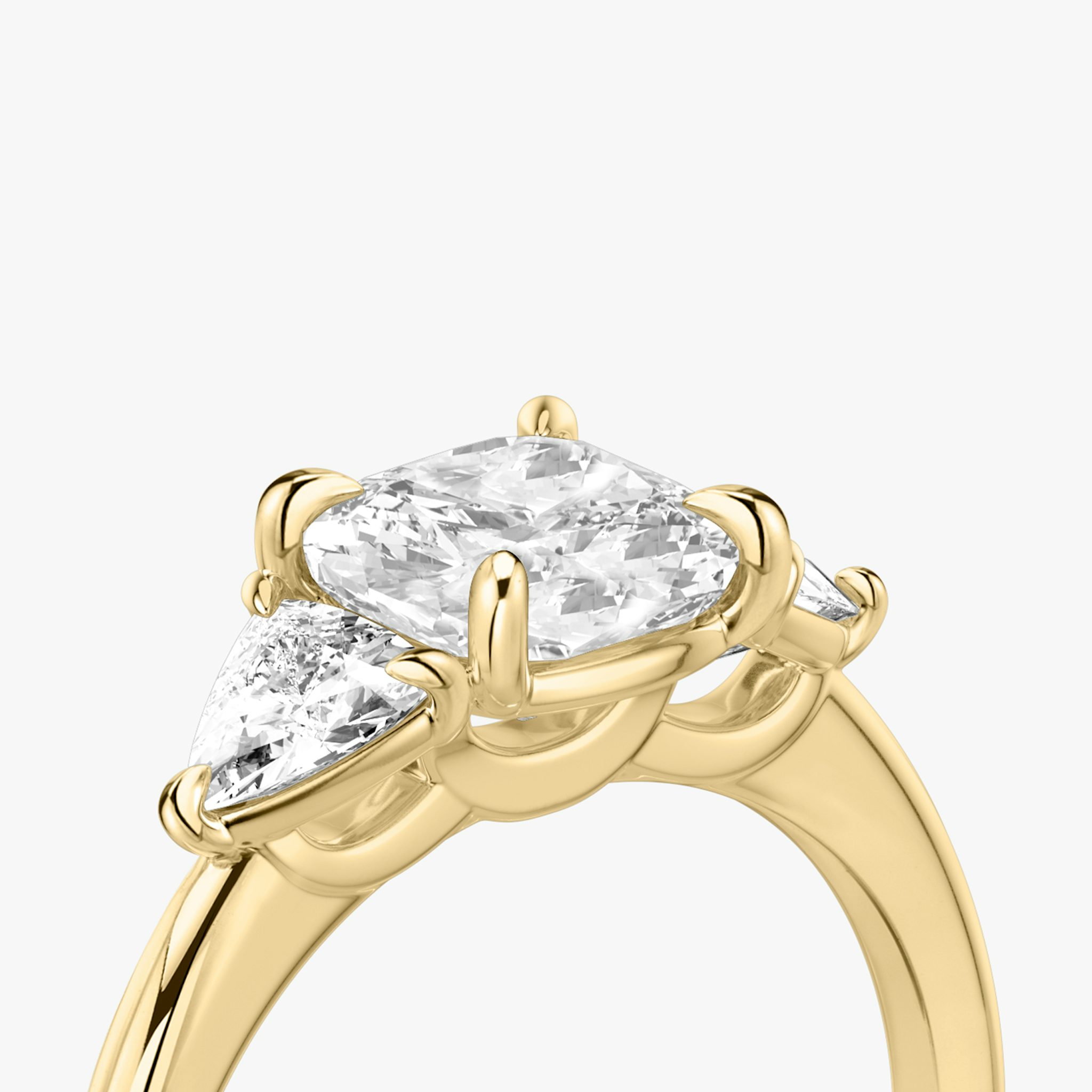 The Three Stone | Cushion | 18k | Yellow Gold | bandAccent: Plain | sideStoneCarat: 0.25ct | sideStoneShape: Trillion | diamondOrientation: vertical | caratWeight: other