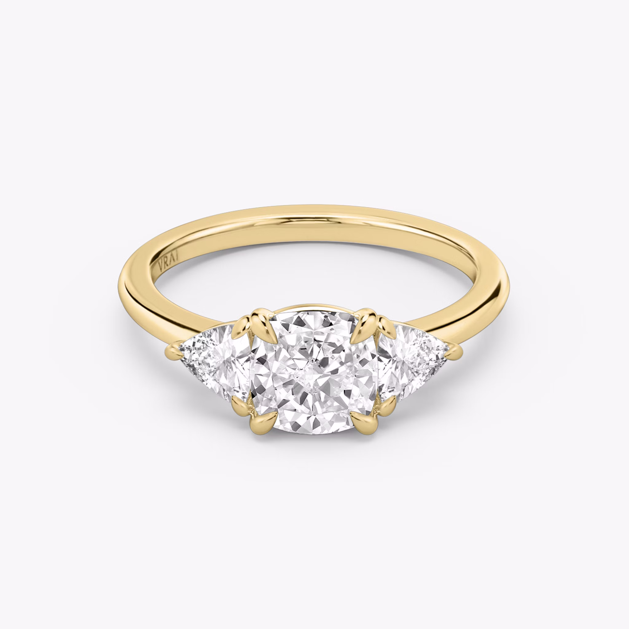 The Three Stone | Cushion | 18k | Yellow Gold | bandAccent: Plain | sideStoneCarat: 0.25ct | sideStoneShape: Trillion | diamondOrientation: vertical | caratWeight: other