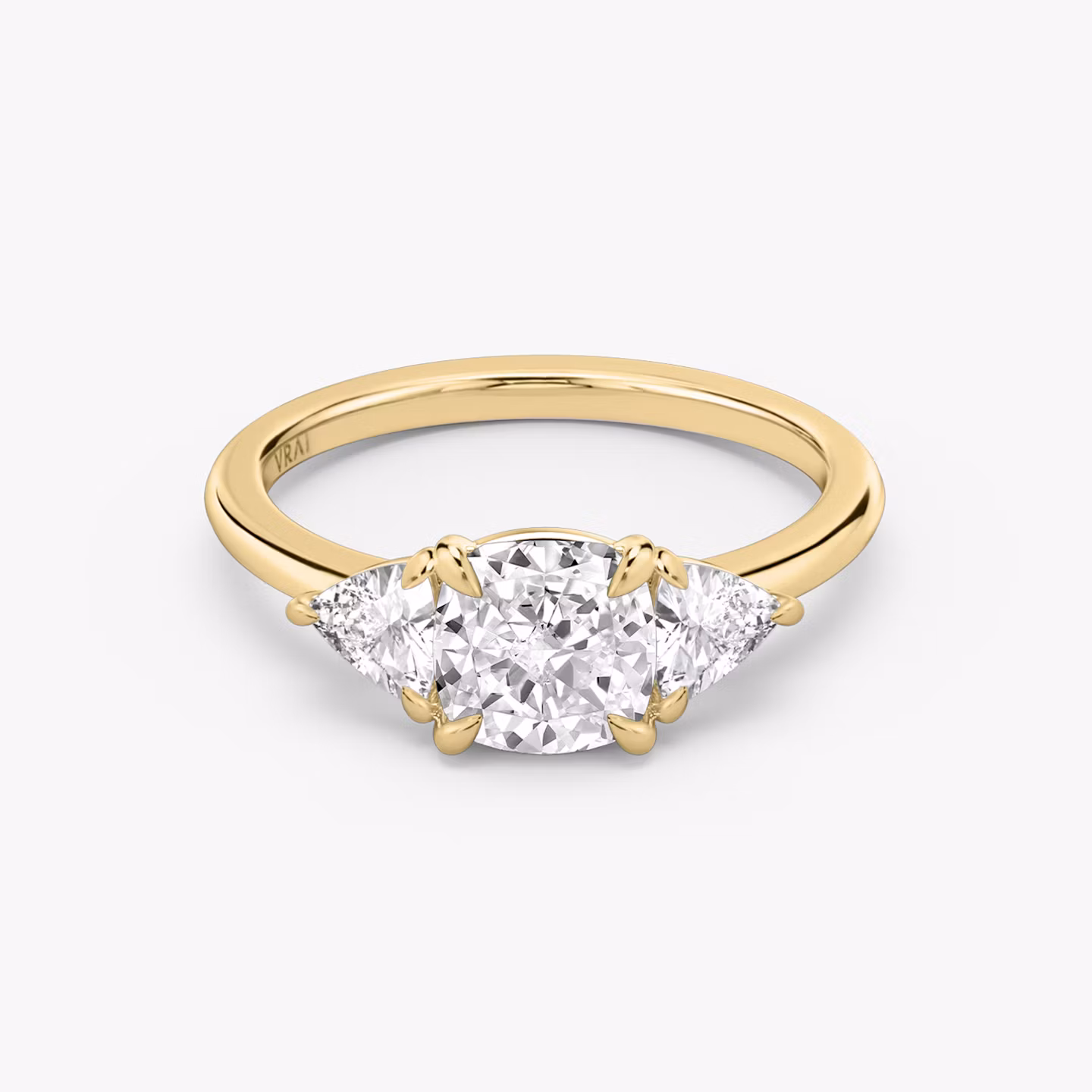 The Three Stone | Cushion | 18k | Yellow Gold | bandAccent: Plain | sideStoneCarat: 0.25ct | sideStoneShape: Trillion | diamondOrientation: vertical | caratWeight: other