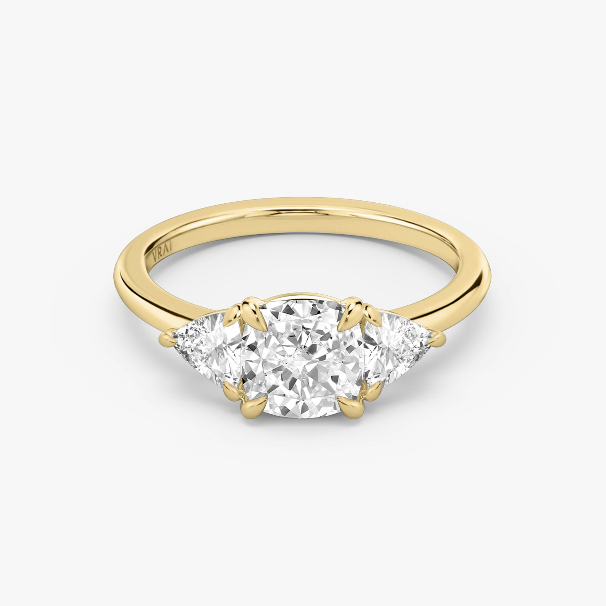 The Three Stone | Cushion | 18k | Yellow Gold | bandAccent: Plain | sideStoneCarat: 0.25ct | sideStoneShape: Trillion | diamondOrientation: vertical | caratWeight: other