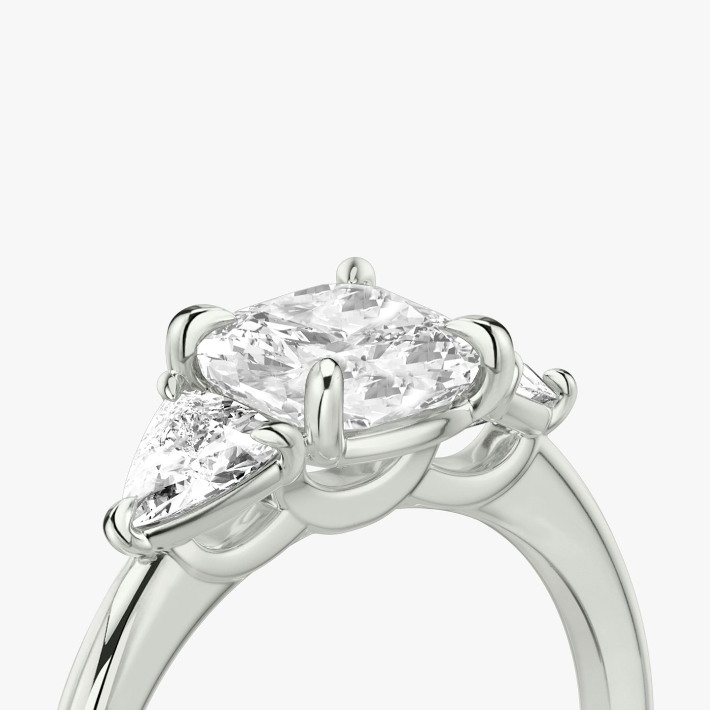 The Three Stone | Cushion | 18k | White Gold | bandAccent: Plain | sideStoneCarat: 0.25ct | sideStoneShape: Trillion | diamondOrientation: vertical | caratWeight: other