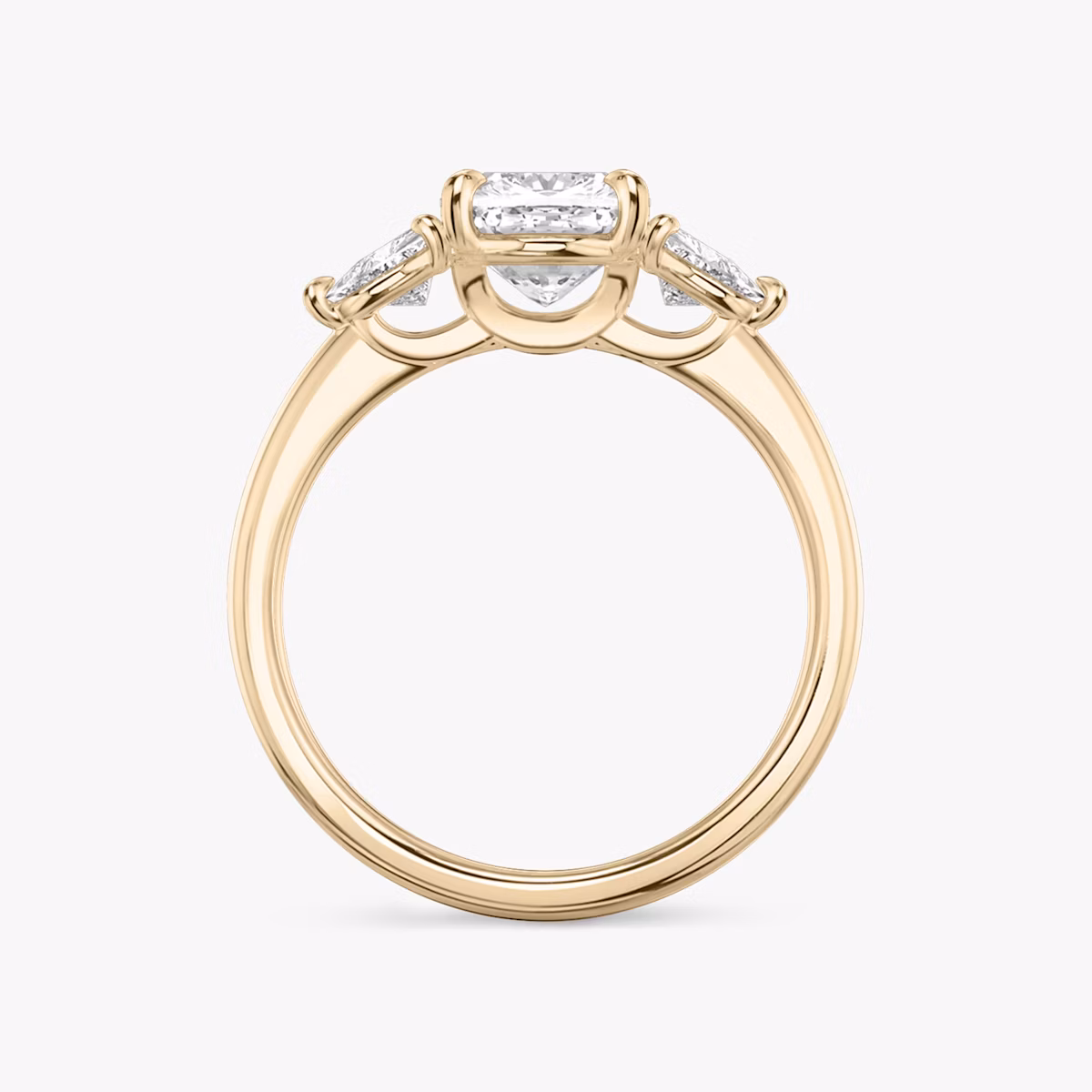 The Three Stone | Cushion | 14k | Rose Gold | bandAccent: Plain | sideStoneCarat: 0.25ct | sideStoneShape: Trillion | diamondOrientation: vertical | caratWeight: other