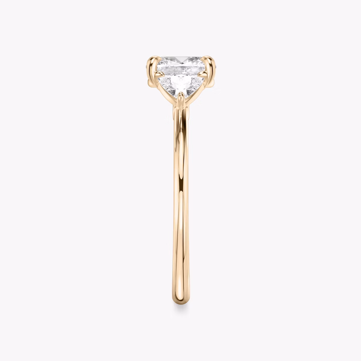 The Three Stone | Cushion | 14k | Rose Gold | bandAccent: Plain | sideStoneCarat: 0.25ct | sideStoneShape: Trillion | diamondOrientation: vertical | caratWeight: other
