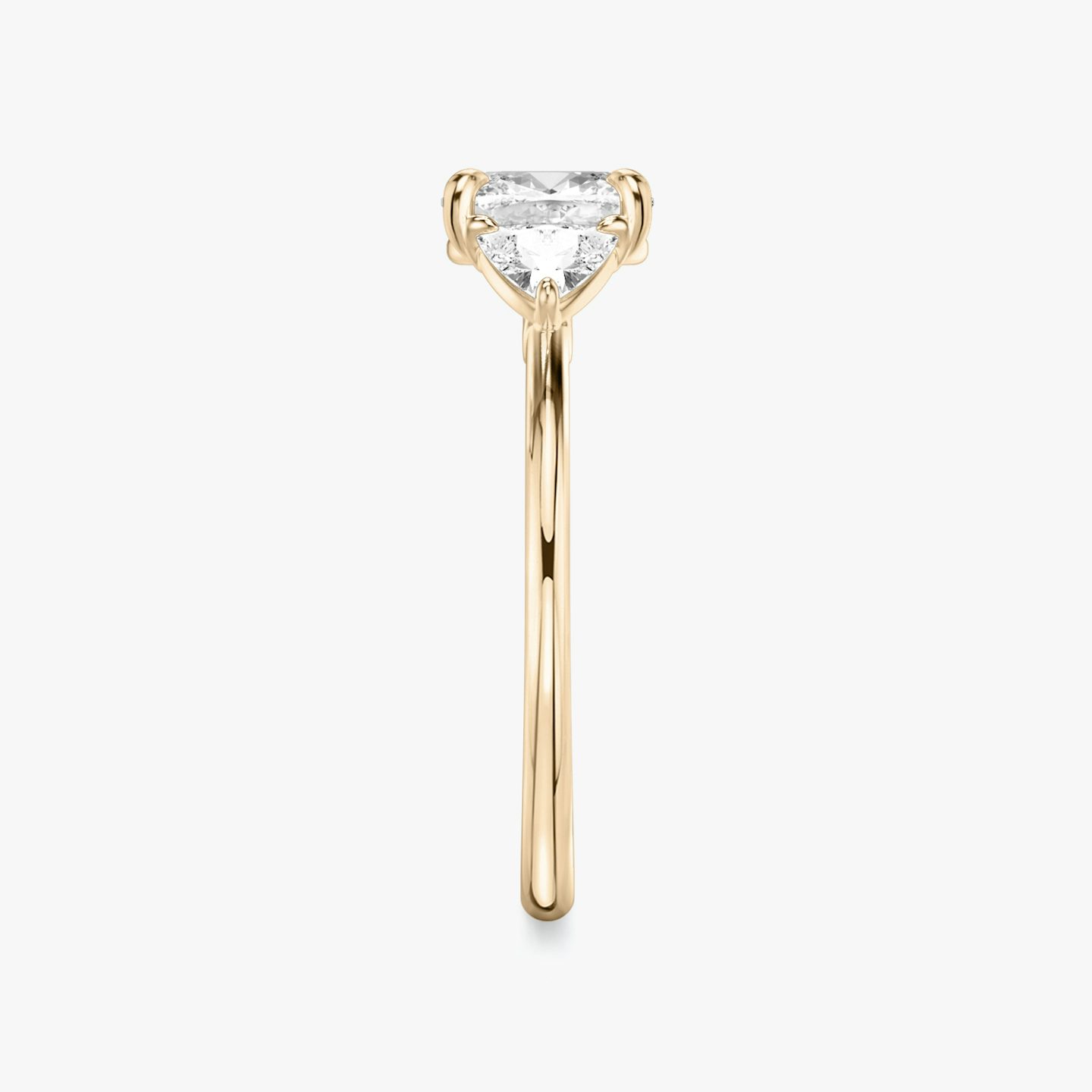 The Three Stone | Cushion | 14k | Rose Gold | bandAccent: Plain | sideStoneCarat: 0.25ct | sideStoneShape: Trillion | diamondOrientation: vertical | caratWeight: other