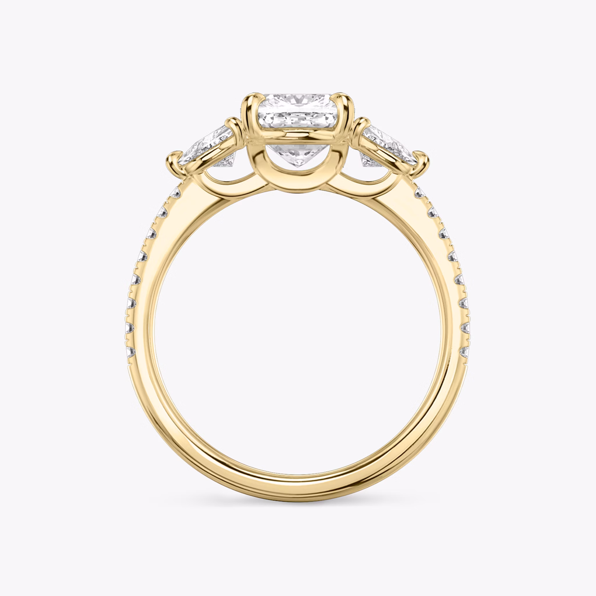 The Three Stone | Cushion | 18k | Yellow Gold | bandAccent: Pavé | sideStoneCarat: 0.25ct | sideStoneShape: Trillion | diamondOrientation: vertical | caratWeight: other
