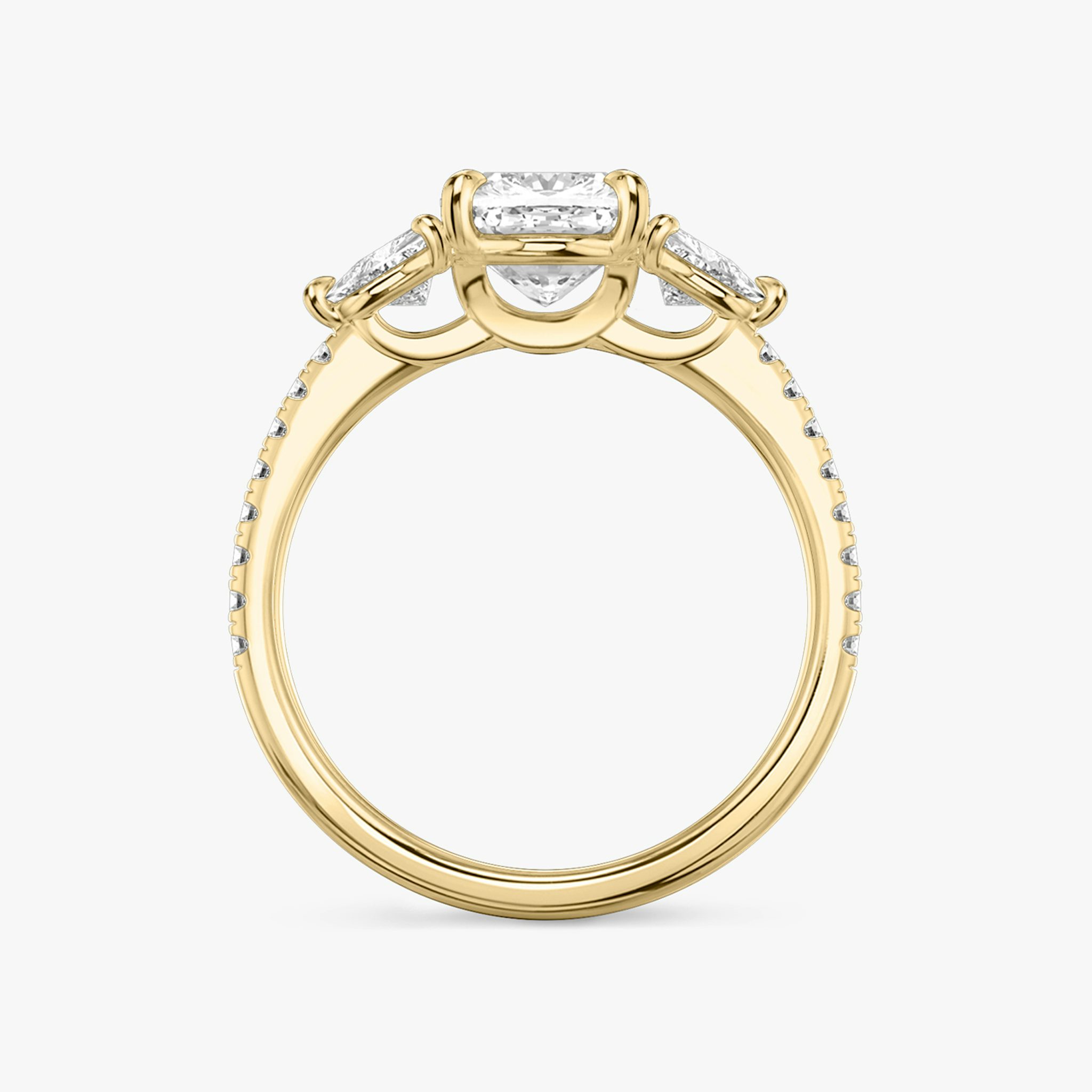 The Three Stone | Cushion | 18k | Yellow Gold | bandAccent: Pavé | sideStoneCarat: 0.25ct | sideStoneShape: Trillion | diamondOrientation: vertical | caratWeight: other