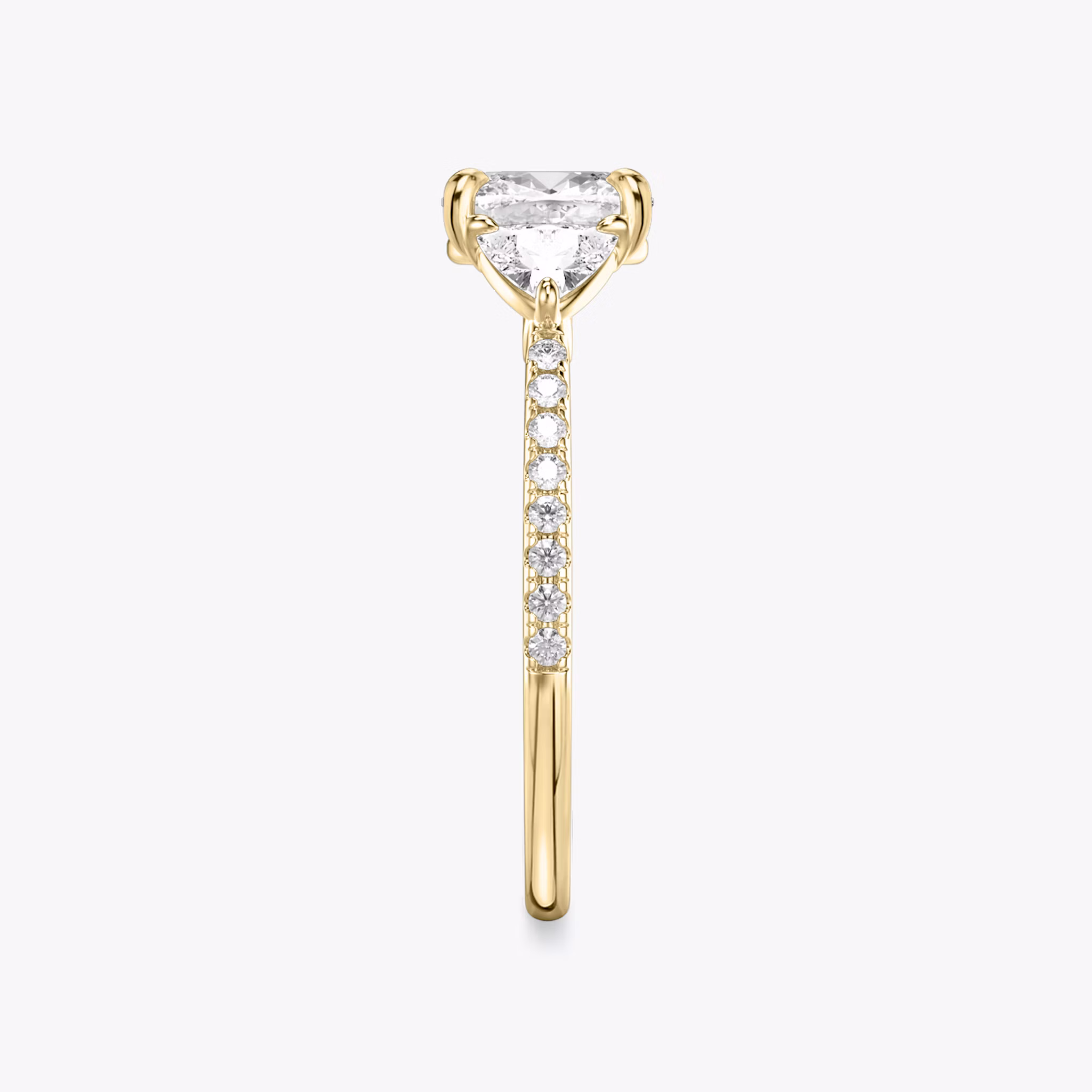 The Three Stone | Cushion | 18k | Yellow Gold | bandAccent: Pavé | sideStoneCarat: 0.25ct | sideStoneShape: Trillion | diamondOrientation: vertical | caratWeight: other