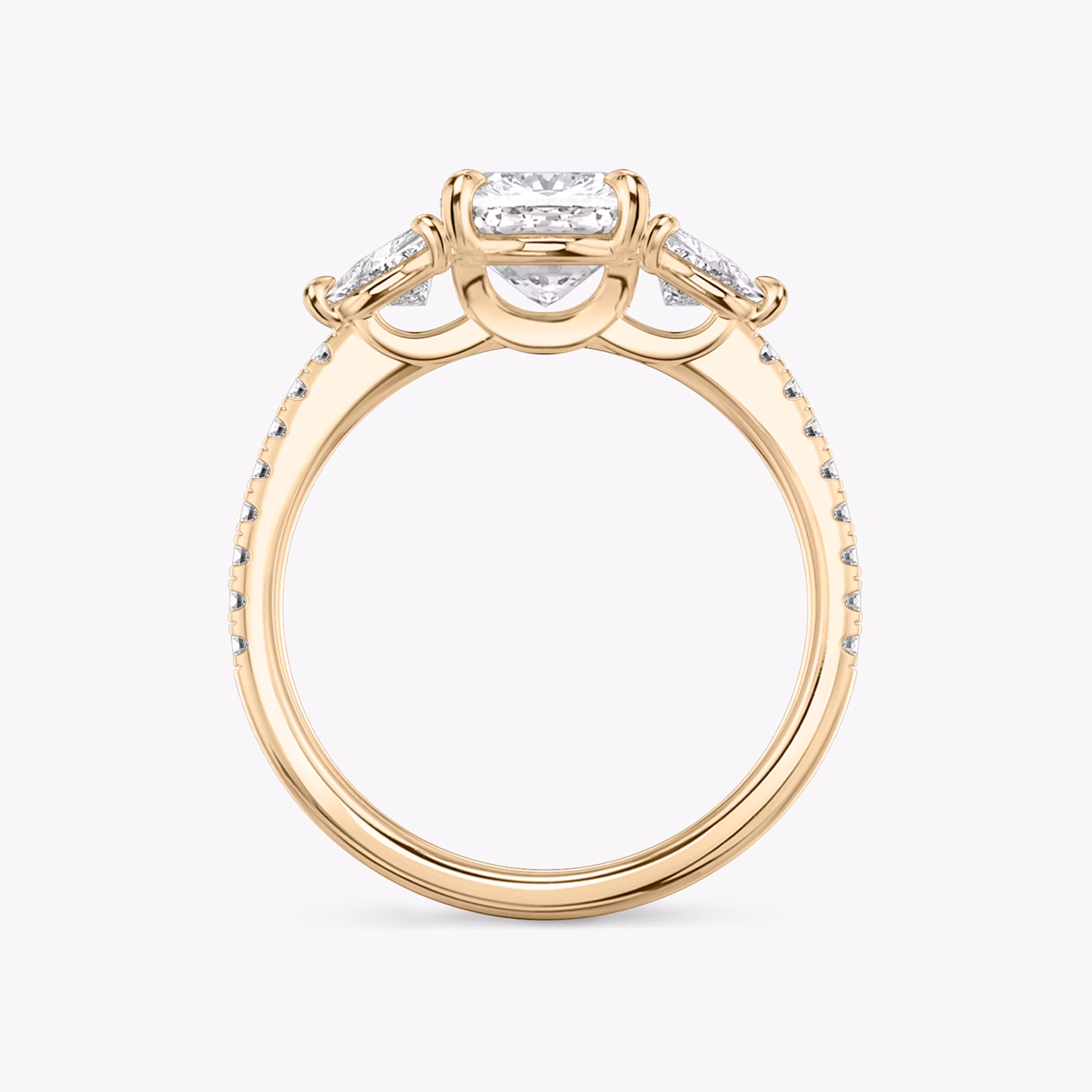 The Three Stone | Cushion | 14k | Rose Gold | bandAccent: Pavé | sideStoneCarat: 0.25ct | sideStoneShape: Trillion | diamondOrientation: vertical | caratWeight: other
