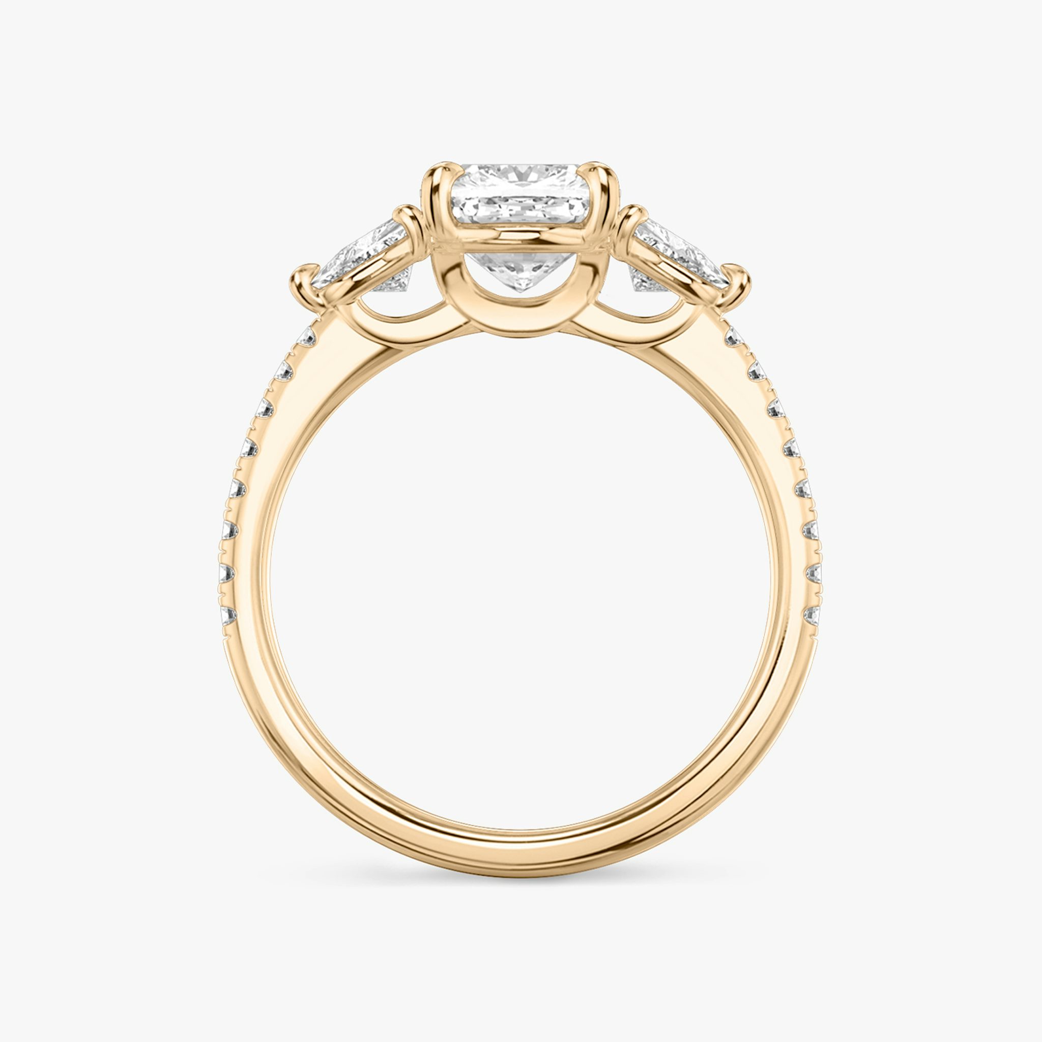 The Three Stone | Cushion | 14k | Rose Gold | bandAccent: Pavé | sideStoneCarat: 0.25ct | sideStoneShape: Trillion | diamondOrientation: vertical | caratWeight: other